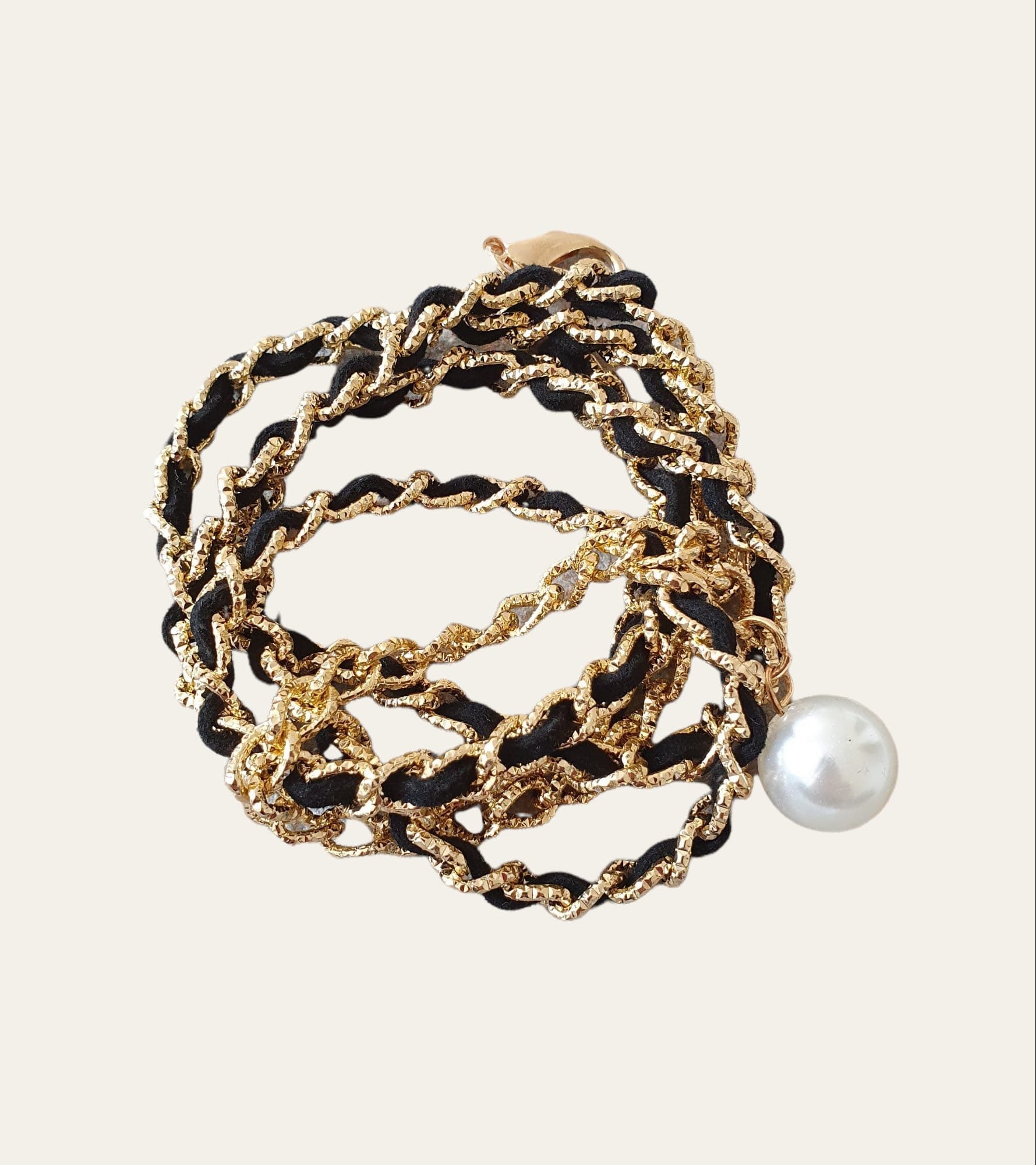 Gold black velvet skinny link chain with pearl embellishment belt