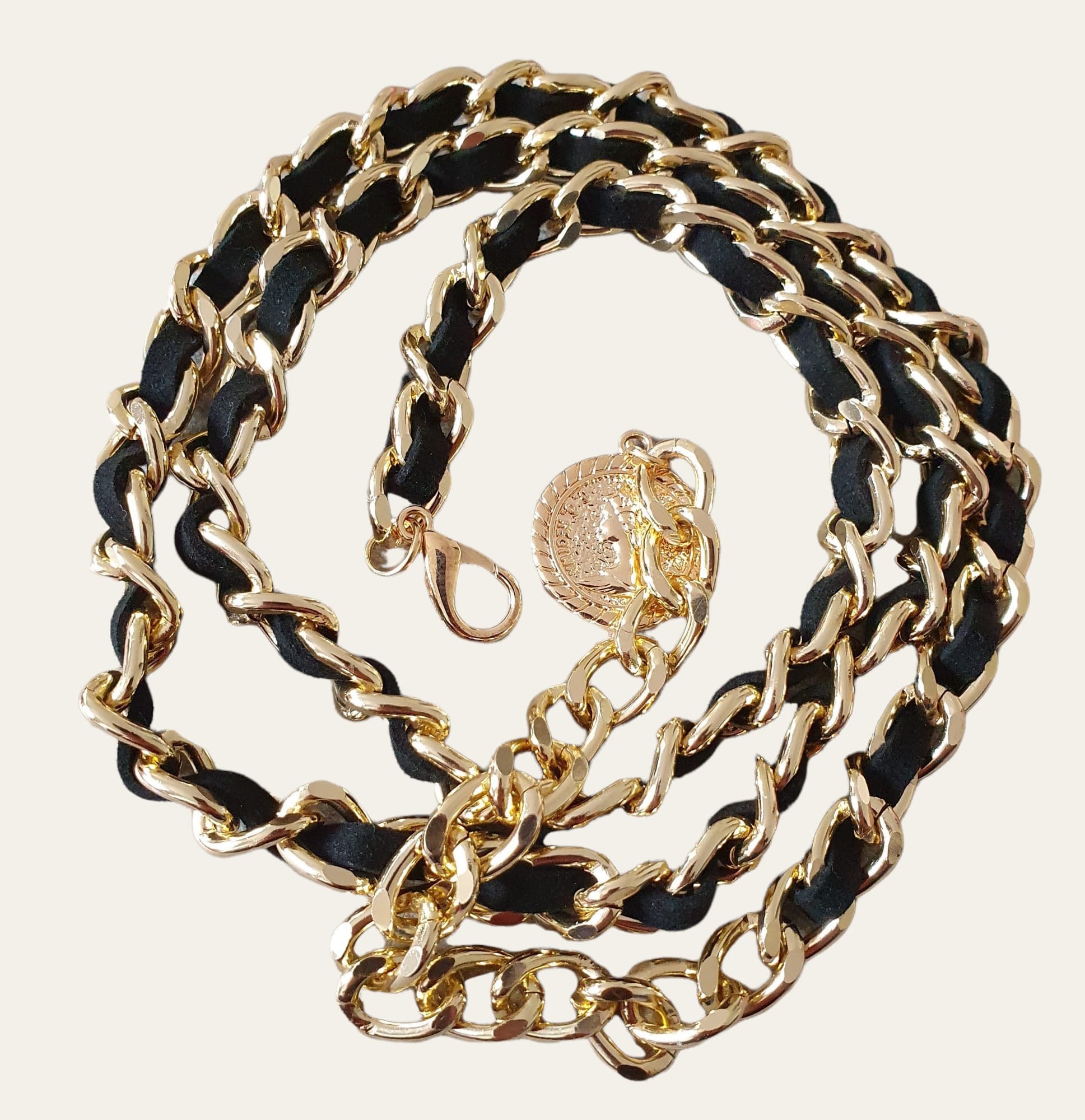 Gold Black Velvet Skinny Adjustable Dress Belt with Gold Coin Embellishment