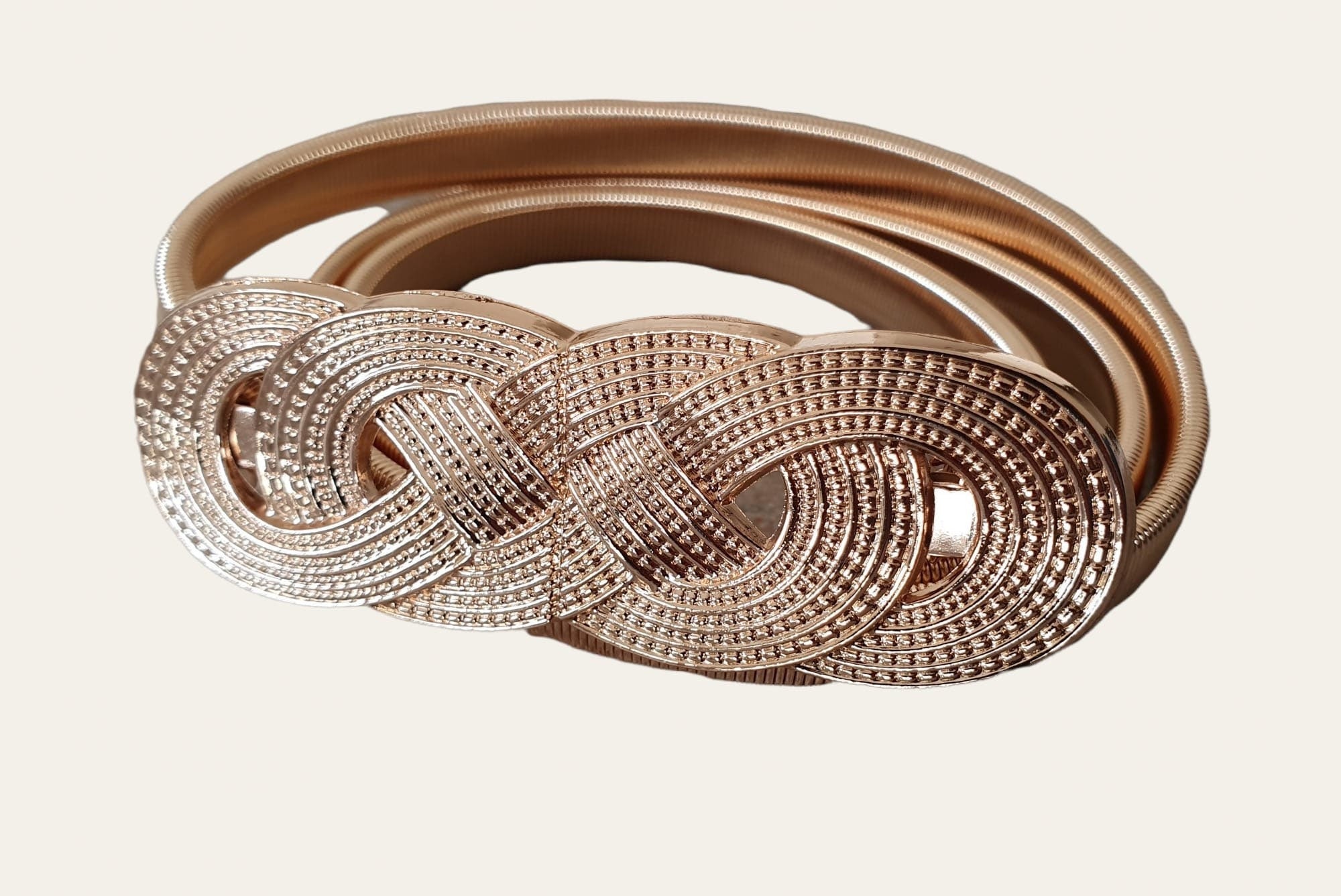 Gold Skinny Thin Textured Four Knot Elastic Buckle Dress Shirt Coat Belt