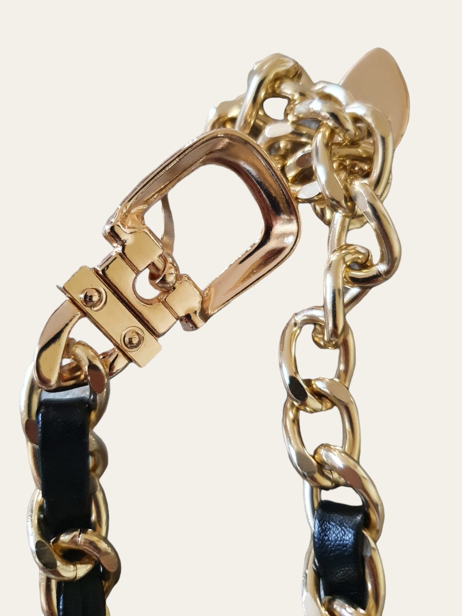 Silver Black Leather Buckle Dress Belt with Linked Chain