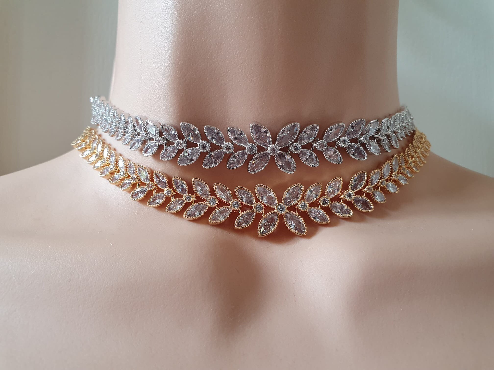 Gold Floral Swarovski Crystal Leaf Adjustable Choker Necklace