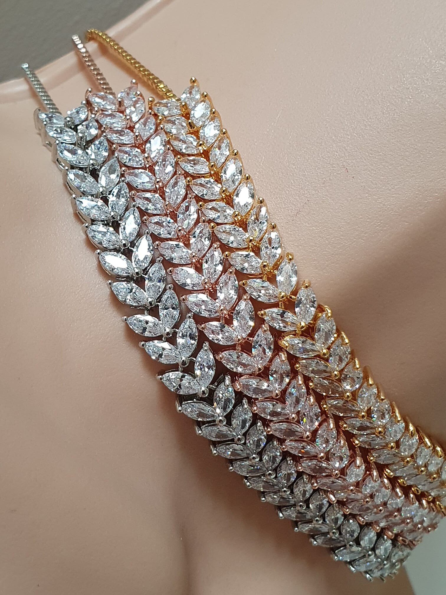 Silver Floral Swarovski Crystal Adjustable Leaf Choker Necklace