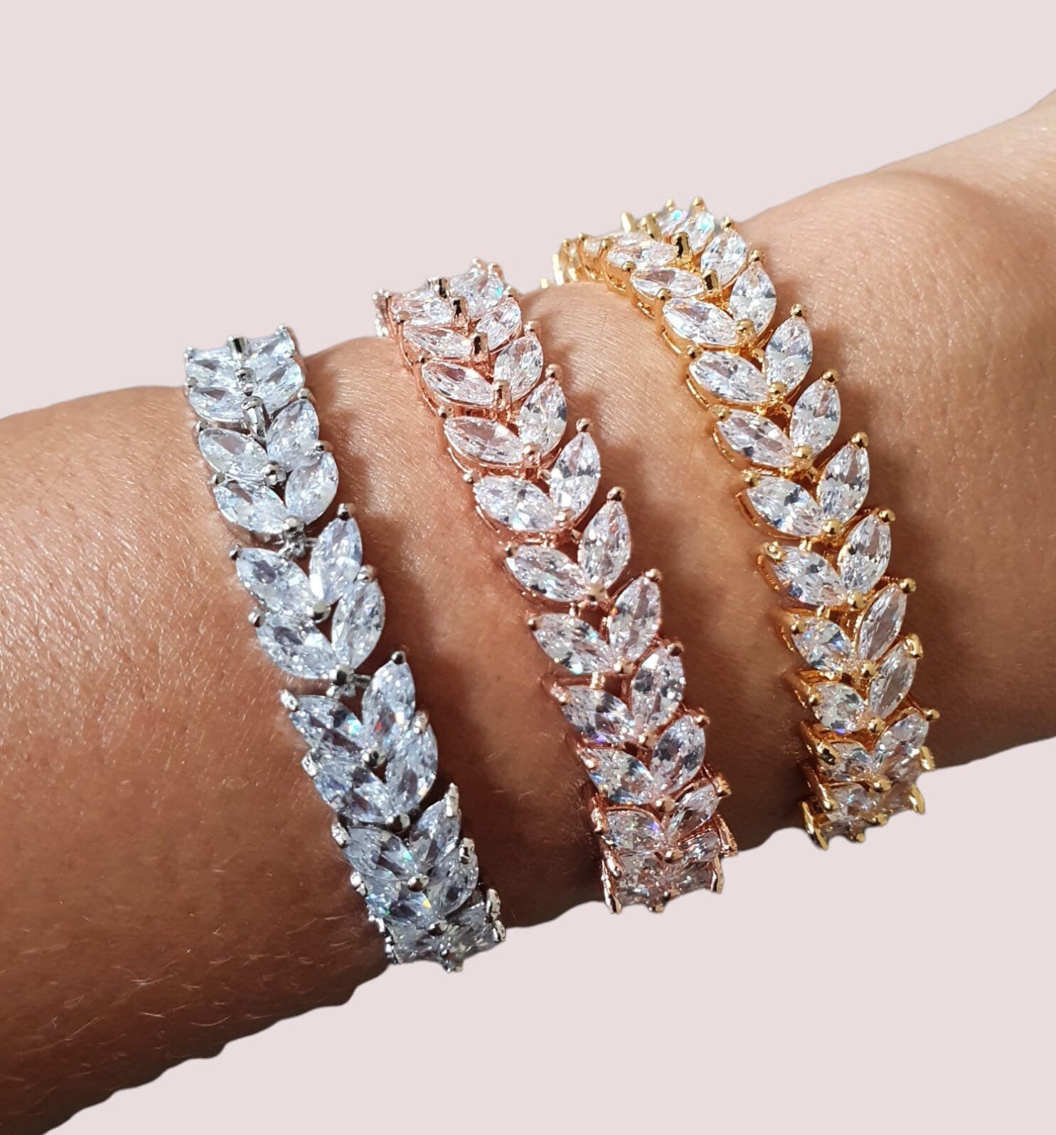 Gold Swarovski Crystal Adjustable Link Leaf Tennis Bracelet