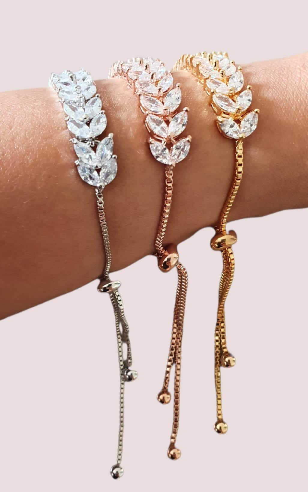 Gold Swarovski Crystal Adjustable Link Leaf Tennis Bracelet