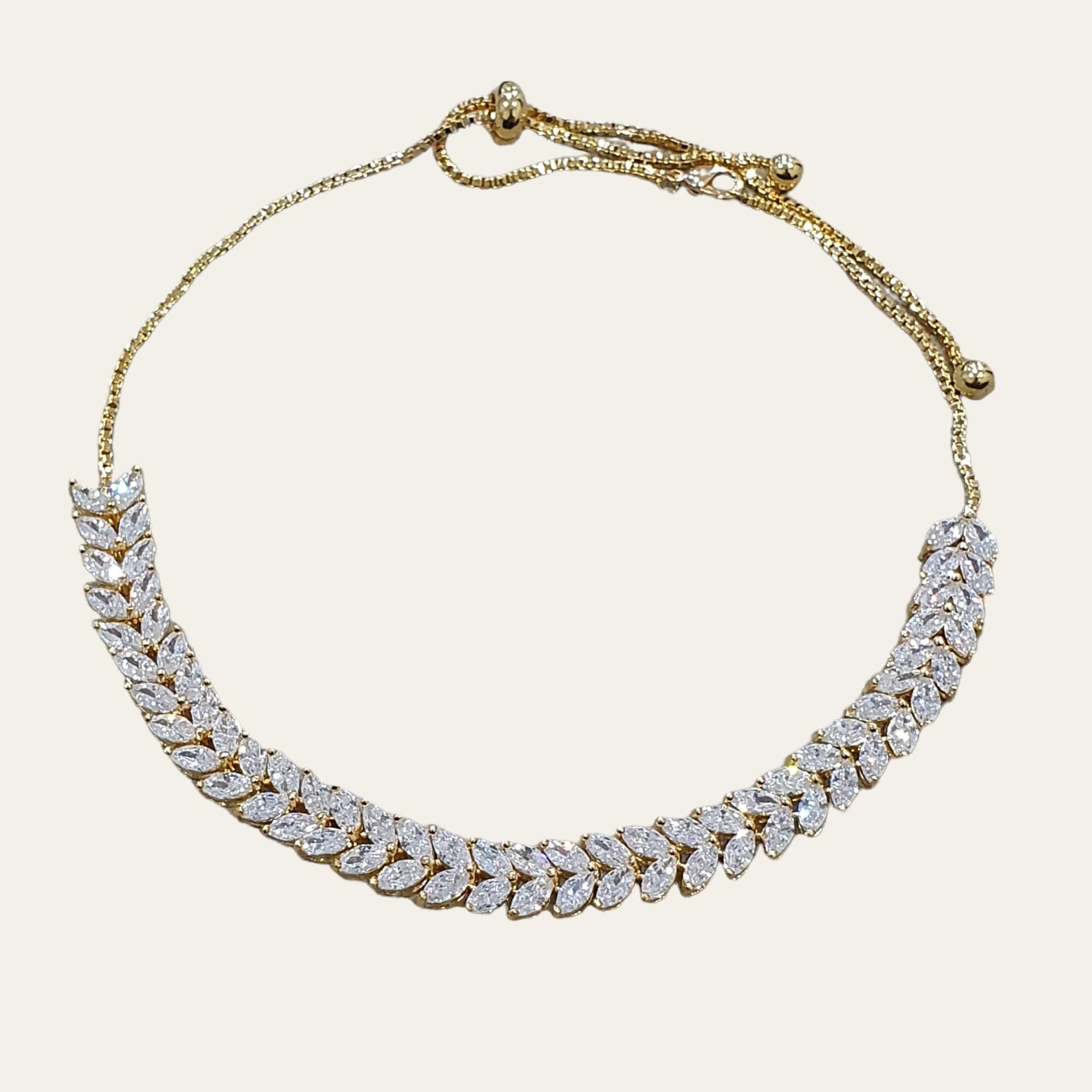 Silver Floral Swarovski Crystal Adjustable Leaf Choker Necklace