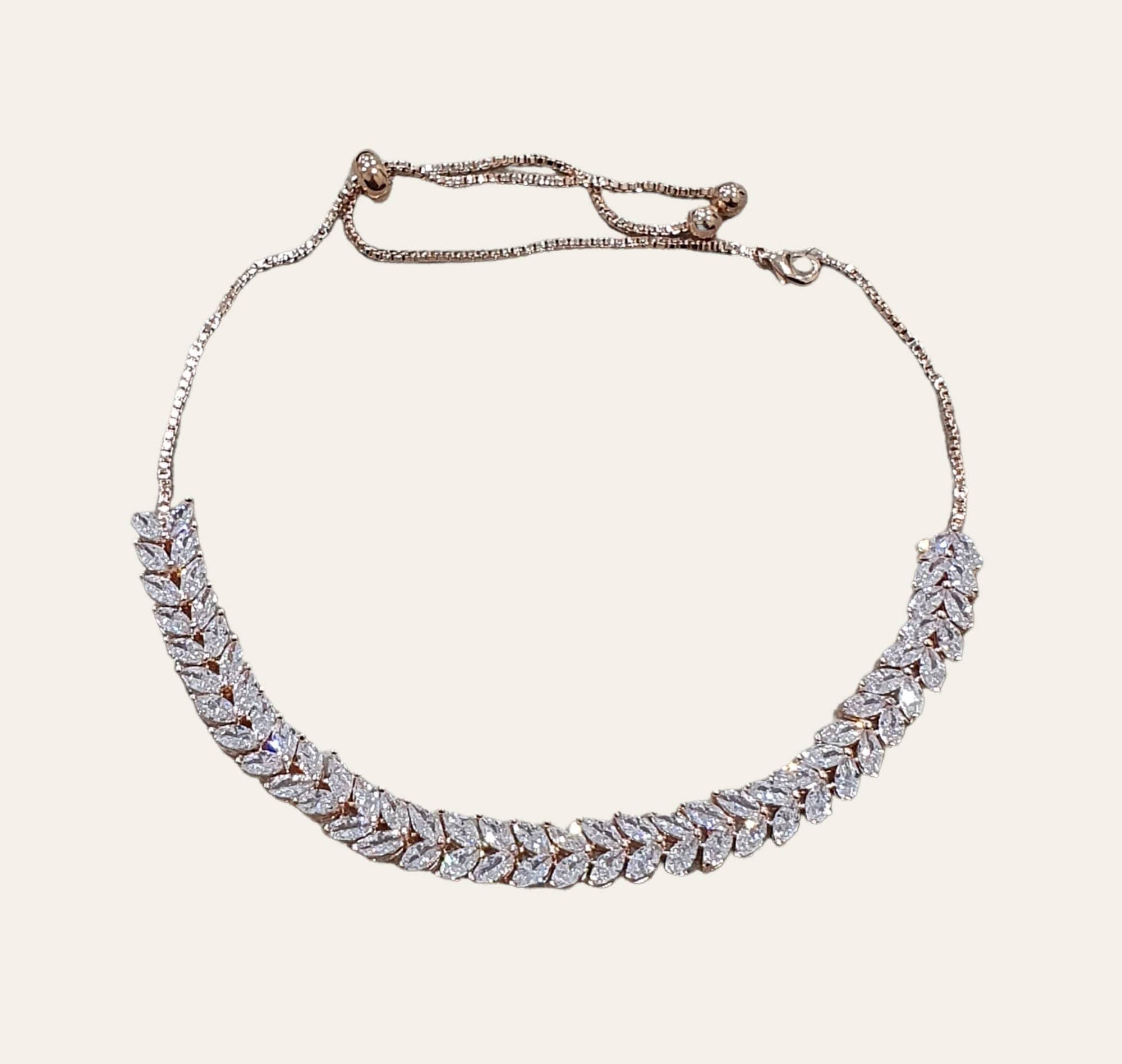 Silver Floral Swarovski Crystal Adjustable Leaf Choker Necklace