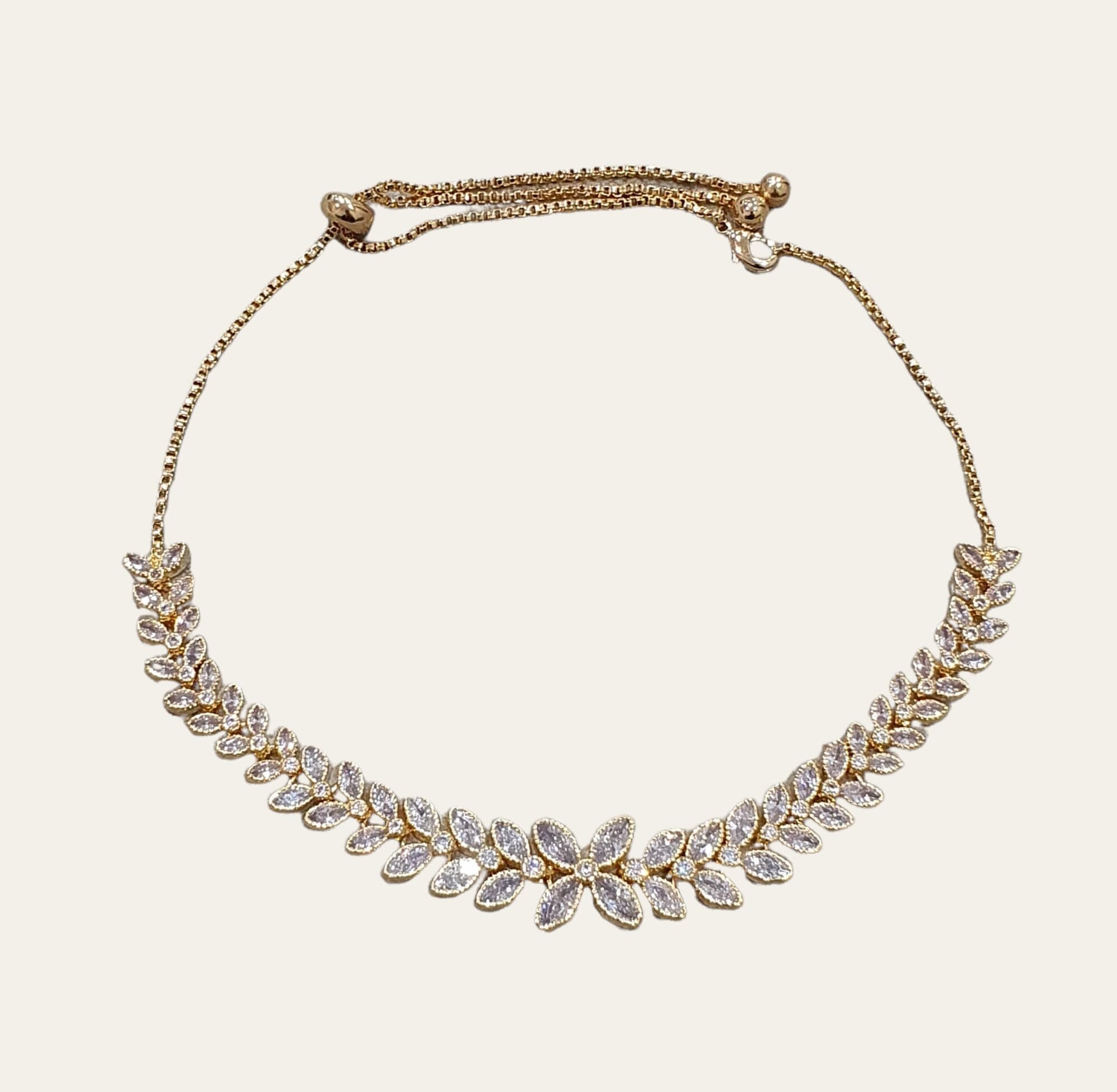 Silver Plated Flower Swarovski Crystal Leaf Adjustable Choker Necklace