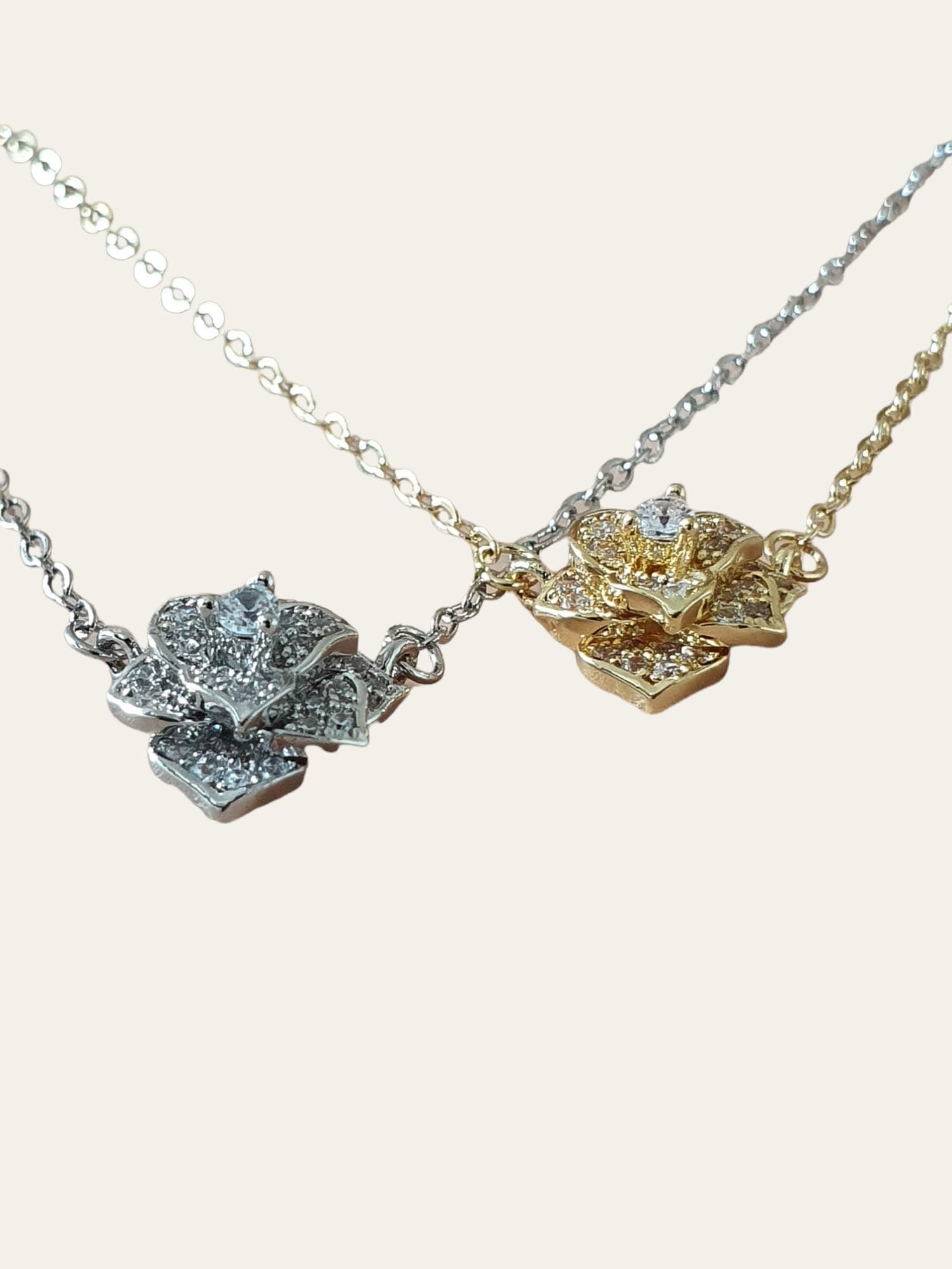 Rose Gold Swarovski Crystal Rose Flower Layered Pendant Necklace