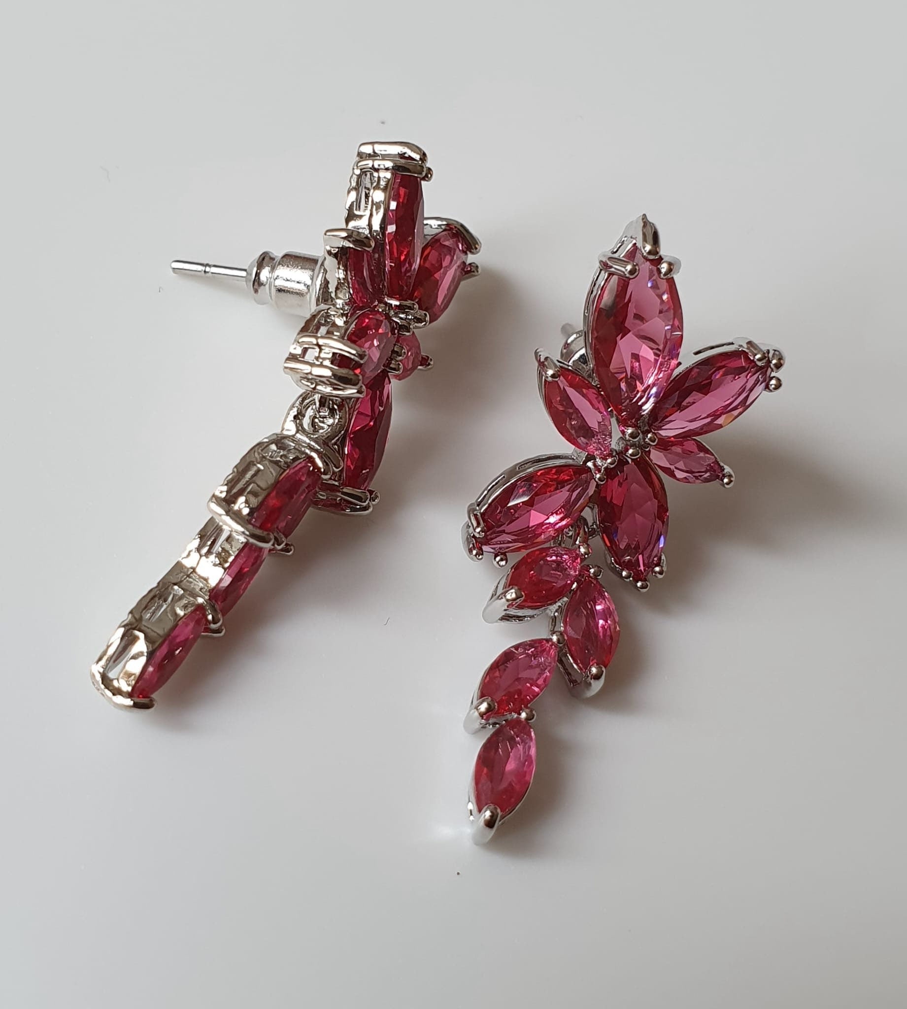 Silver Pink Swarovski Crystal Long Flower Leaf Crystal Drop Earrings