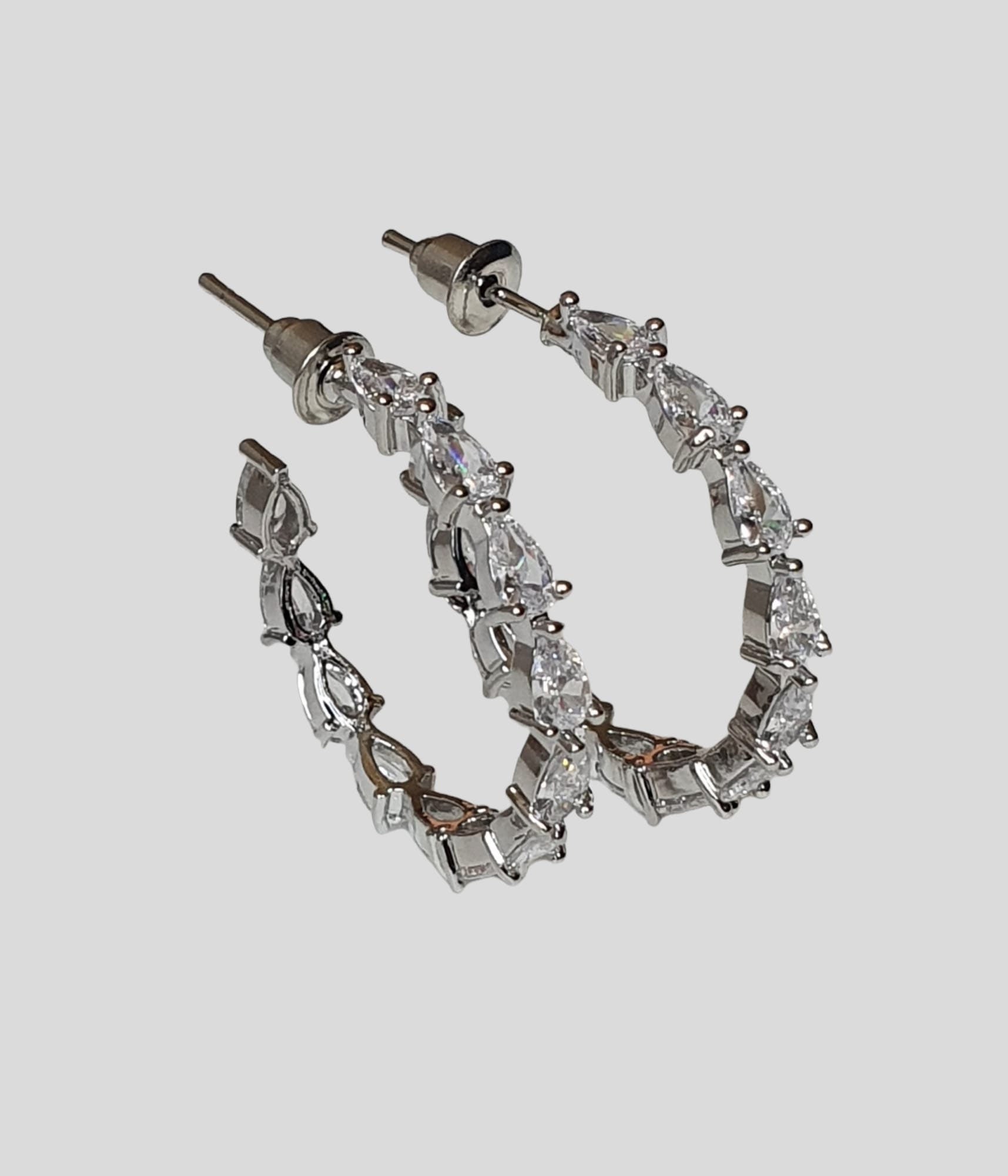 Large Silver Swarovski Crystal Leaf Drop Hoop Earrings