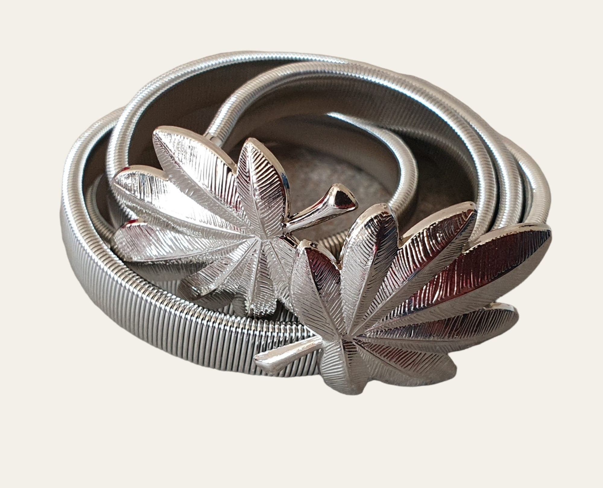 Silver Skinny Double Leaf Clover Stretch Buckle Dress Coat Belt