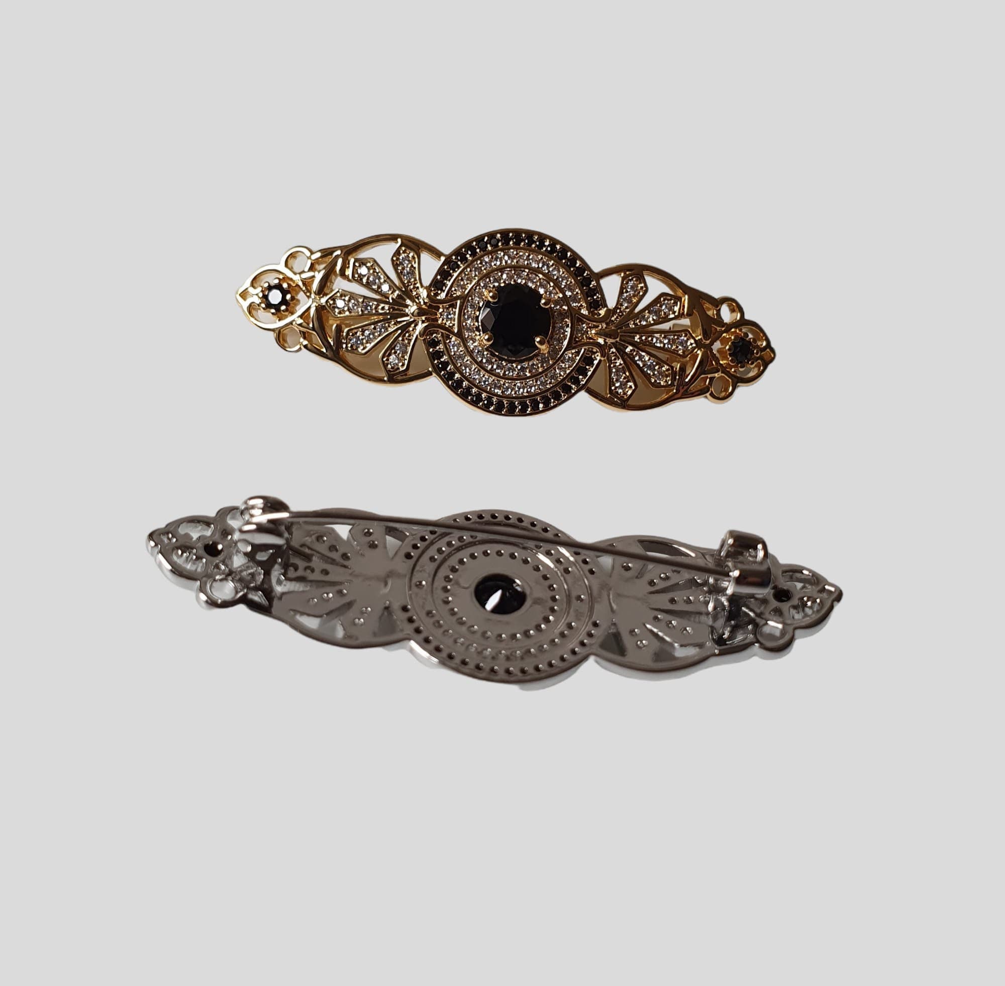 Silver Black Long Swarovski Crystal Coat Brooch Pin