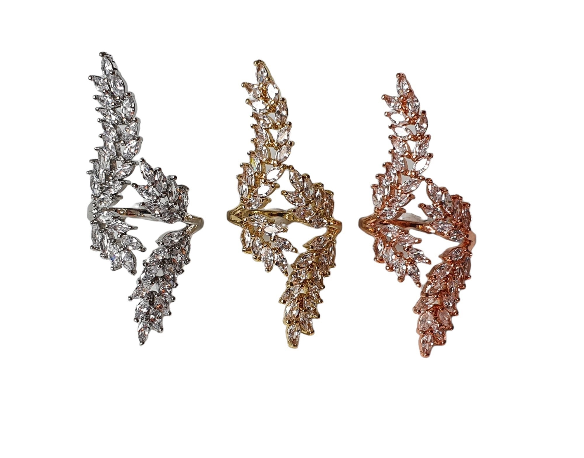 Gold Large Leaf Swarovski Crystal Adjustable Open Ring