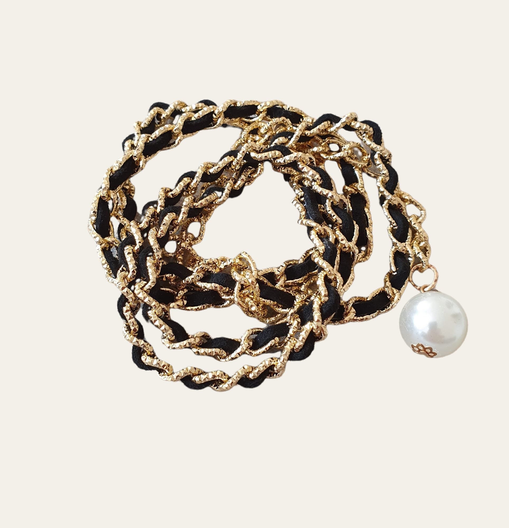 Gold black velvet skinny link chain with pearl embellishment belt