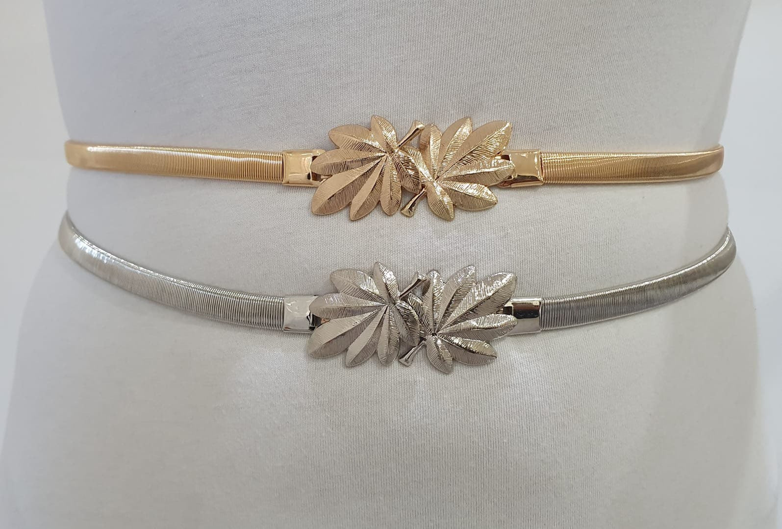 Silver Skinny Double Leaf Clover Stretch Buckle Dress Coat Belt