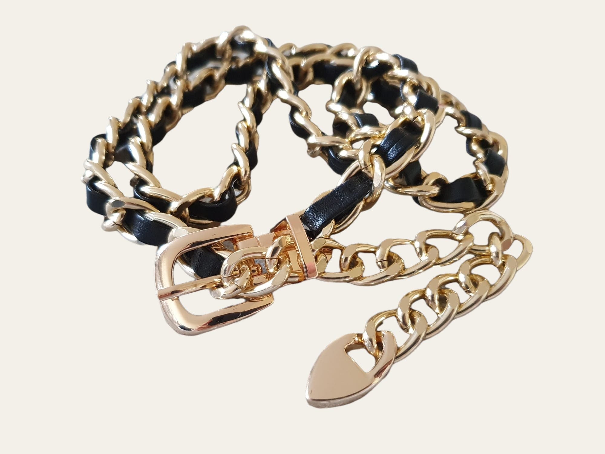 Silver Black Leather Buckle Dress Belt with Linked Chain