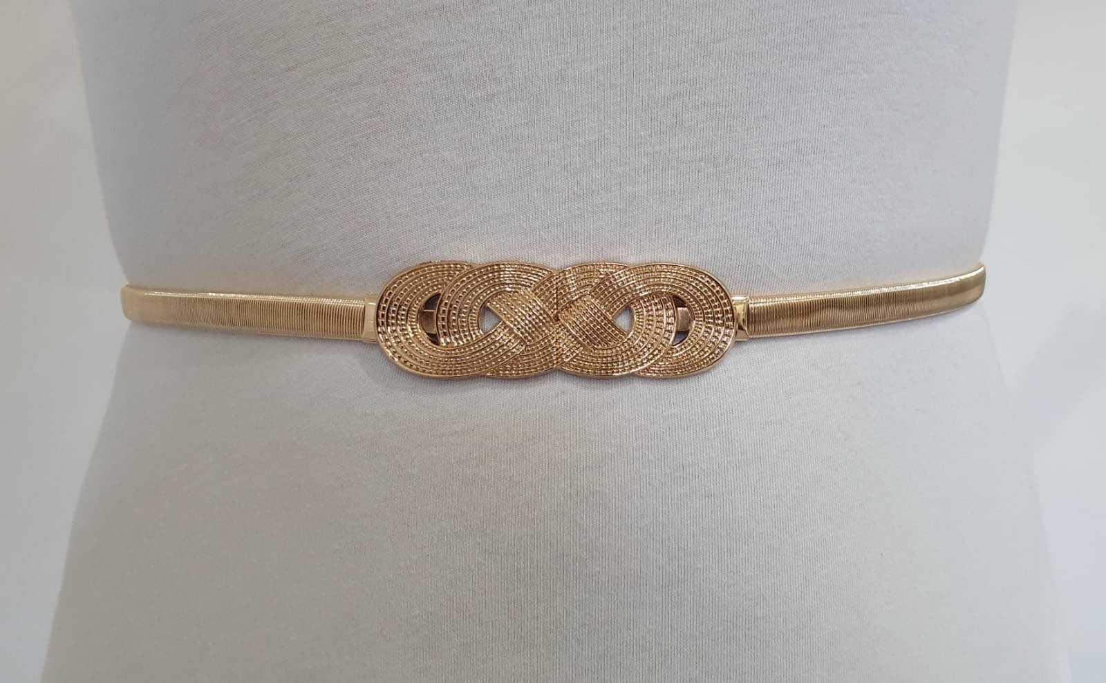 Gold Skinny Thin Textured Four Knot Elastic Buckle Dress Shirt Coat Belt