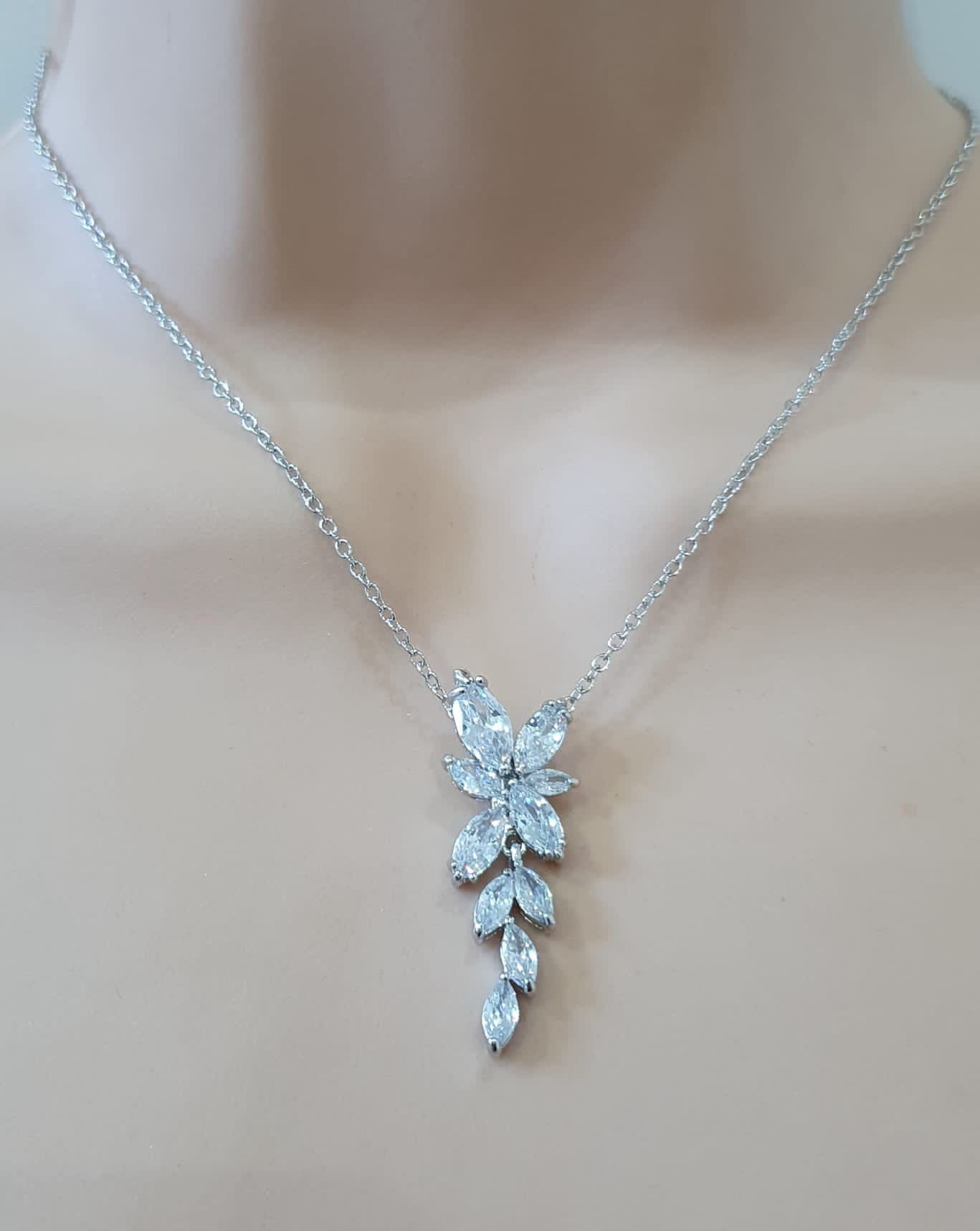 Silver Floral Drop Crystal Swarovski Necklace and Pendant