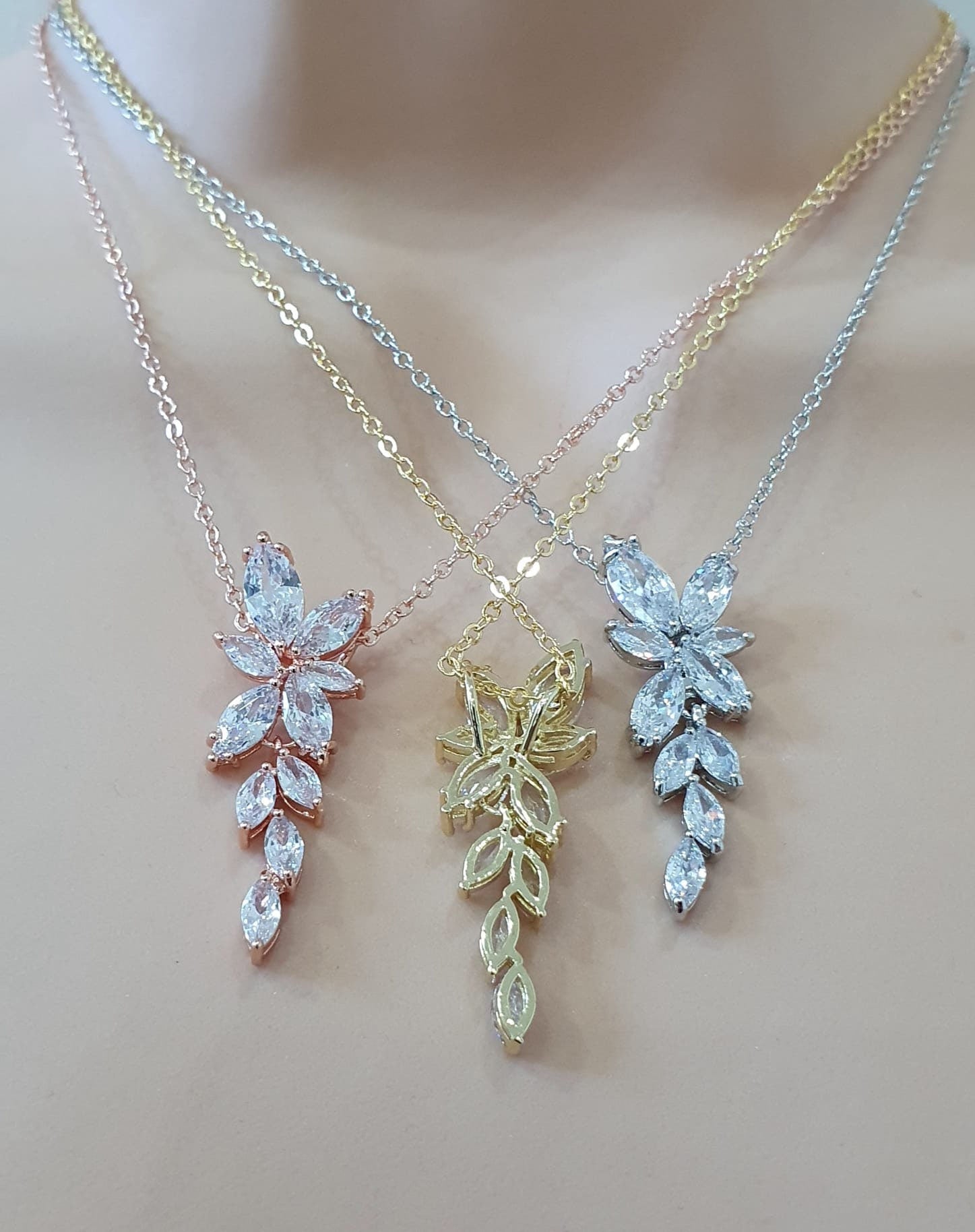 Silver Floral Drop Crystal Swarovski Necklace and Pendant