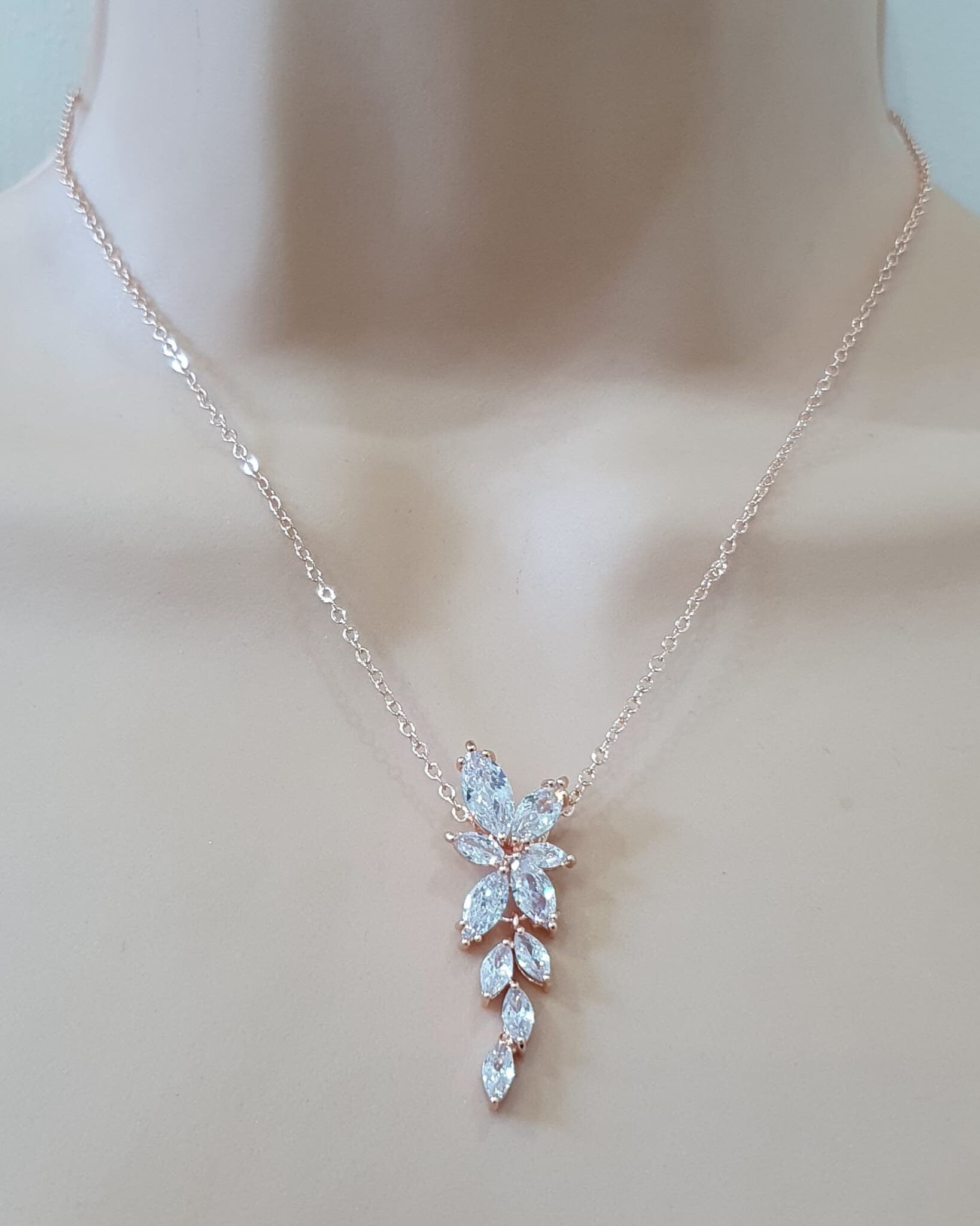 Rose Gold Floral Drop Crystal Swarovski Necklace and Pendant