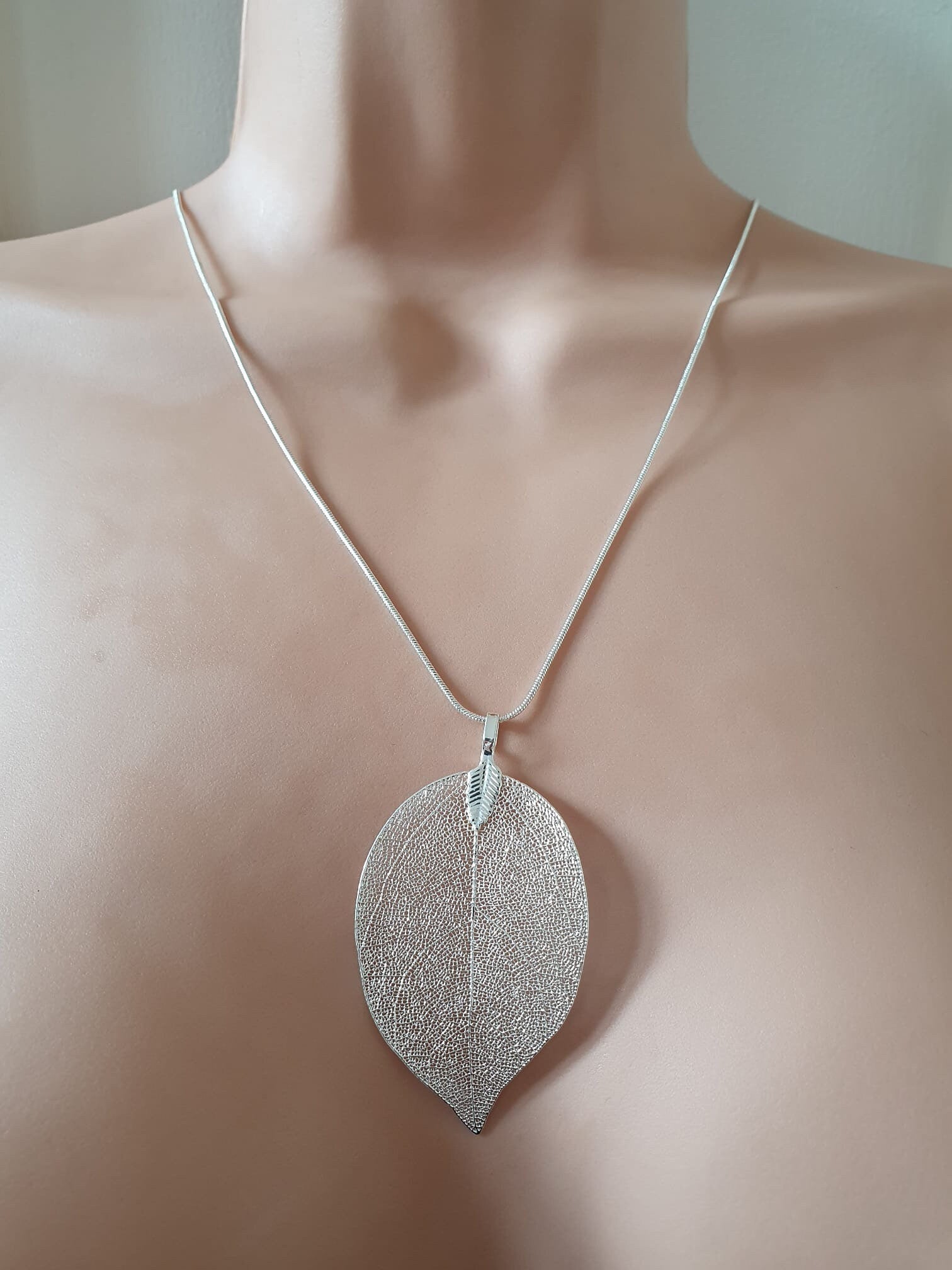Silver Long Real Dipped Leaf Pendant and Necklace