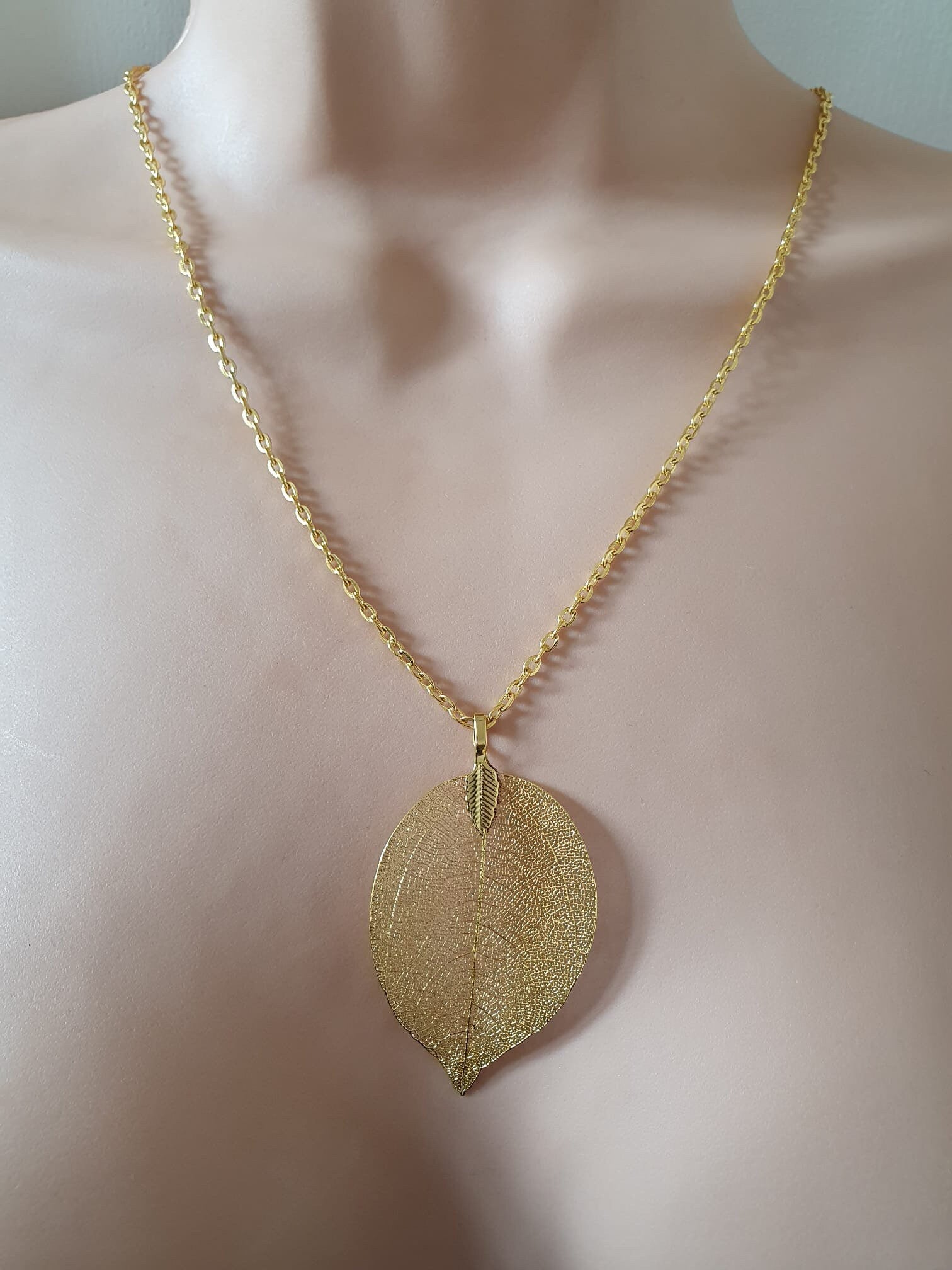 Gold Long Skeleton Leaf Necklace and Pendant