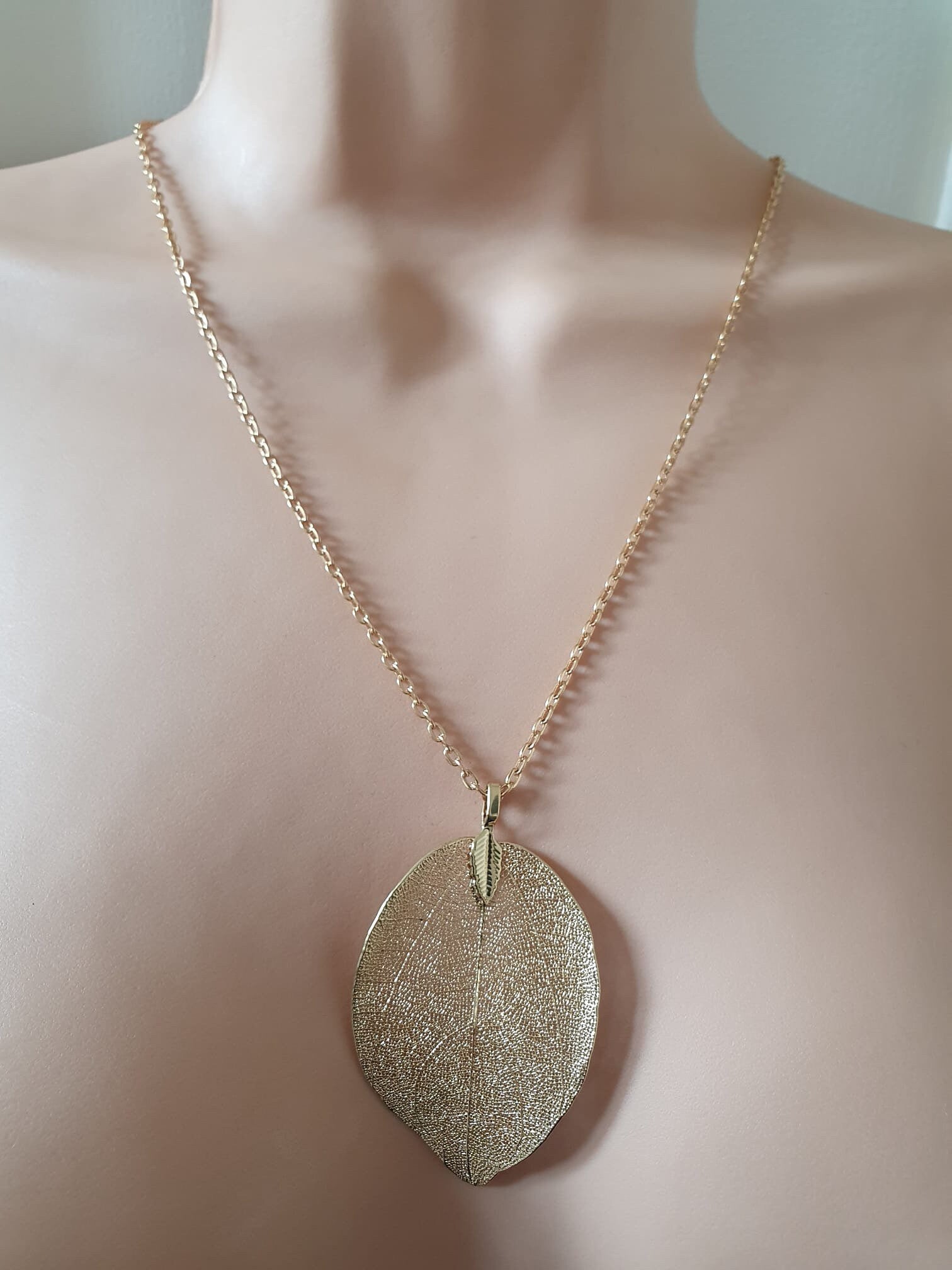 Dull Gold Long Skeleton Leaf Pendant and Necklace