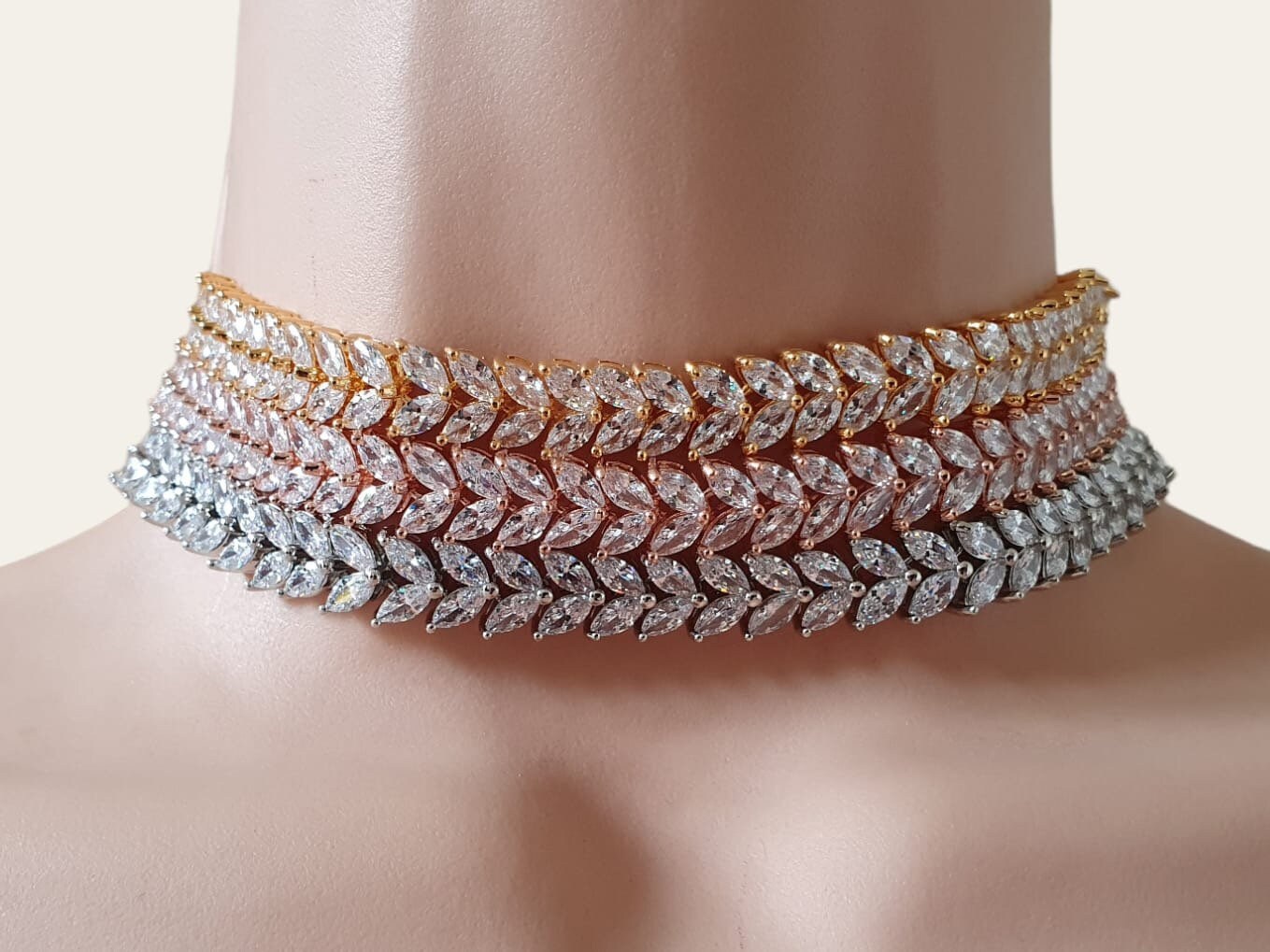 Silver Floral Swarovski Crystal Adjustable Leaf Choker Necklace