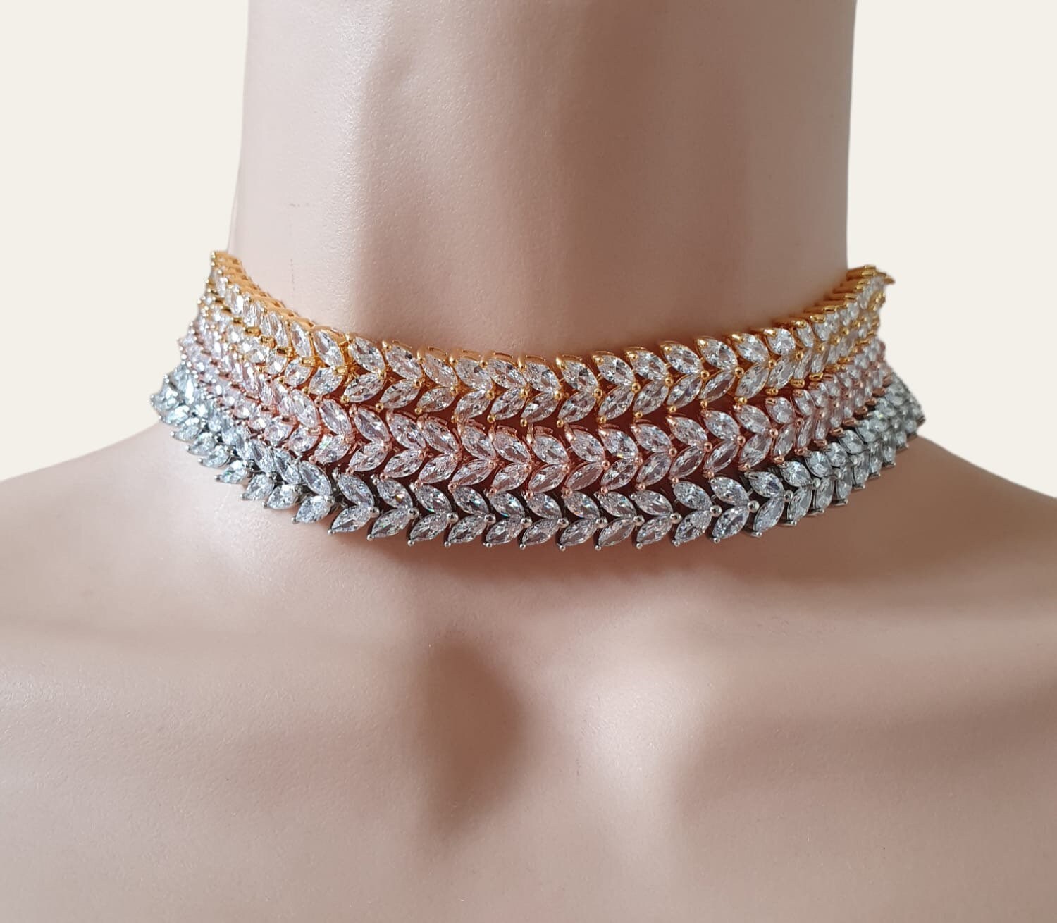 Silver Floral Swarovski Crystal Adjustable Leaf Choker Necklace