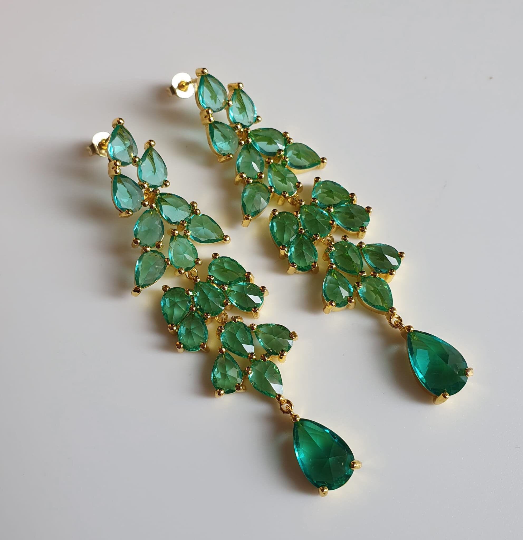 Gold Green Water Drop Long Swarovski Crystal Chandelier Earrings