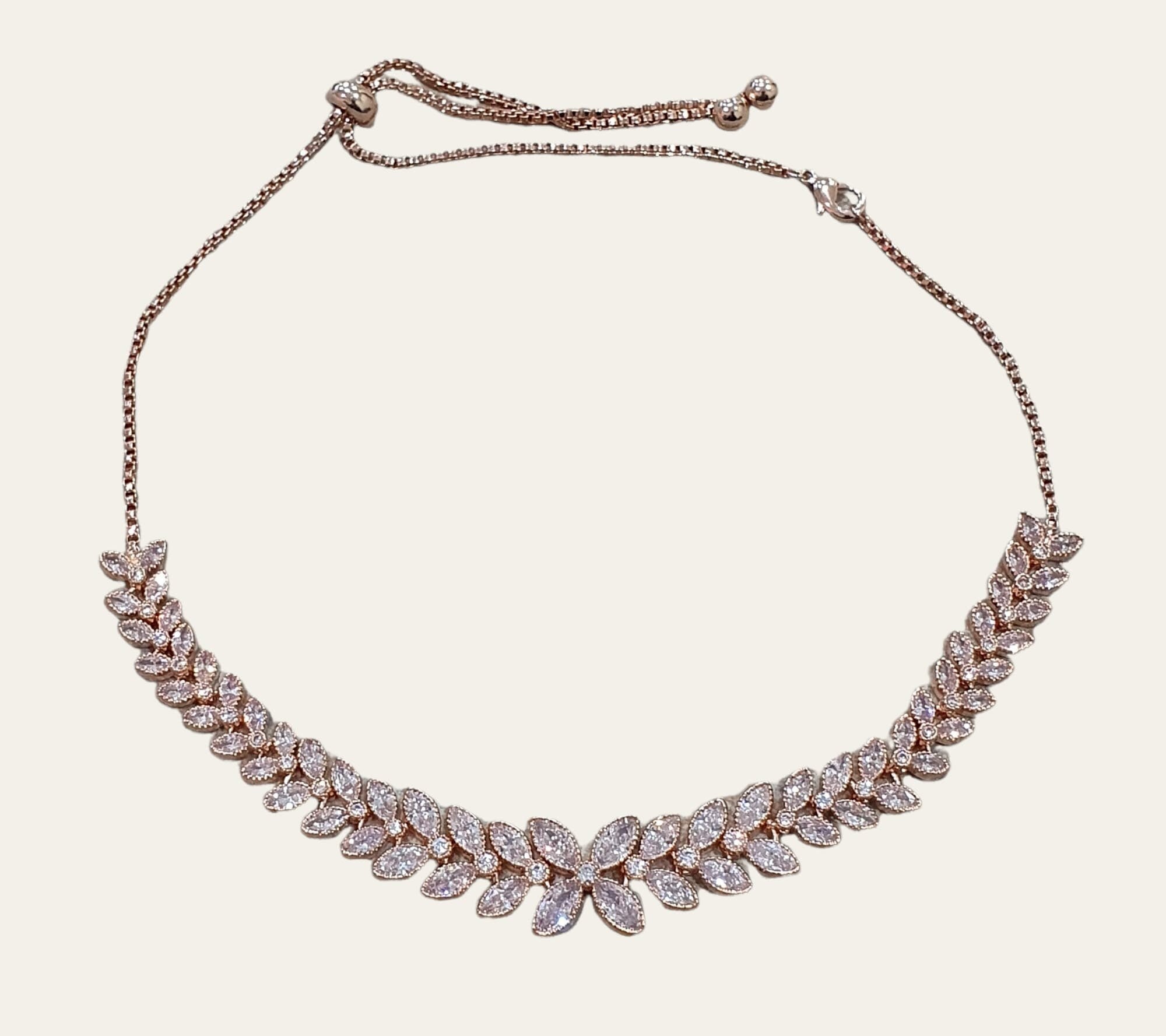 Gold Floral Swarovski Crystal Leaf Adjustable Choker Necklace