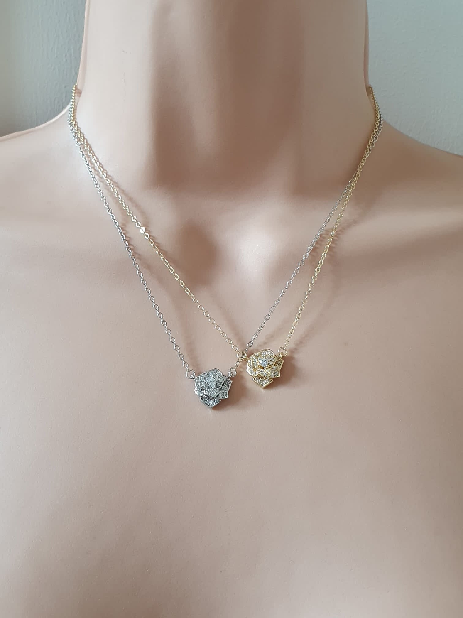 Rose Gold Swarovski Crystal Rose Flower Layered Pendant Necklace