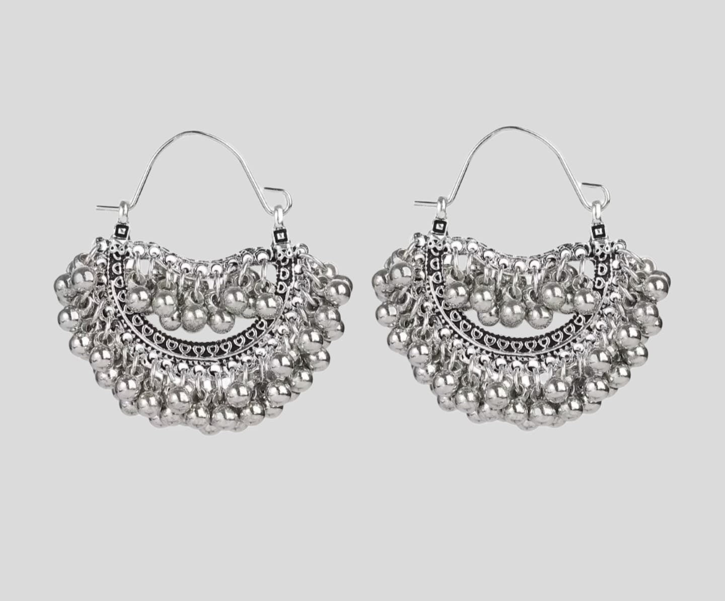 Silver Bohemian Indian Ball Silver Hoop Earrings