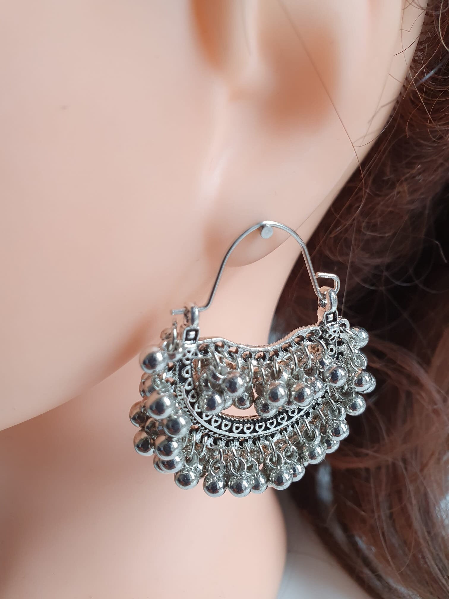 Silver Bohemian Indian Ball Silver Hoop Earrings