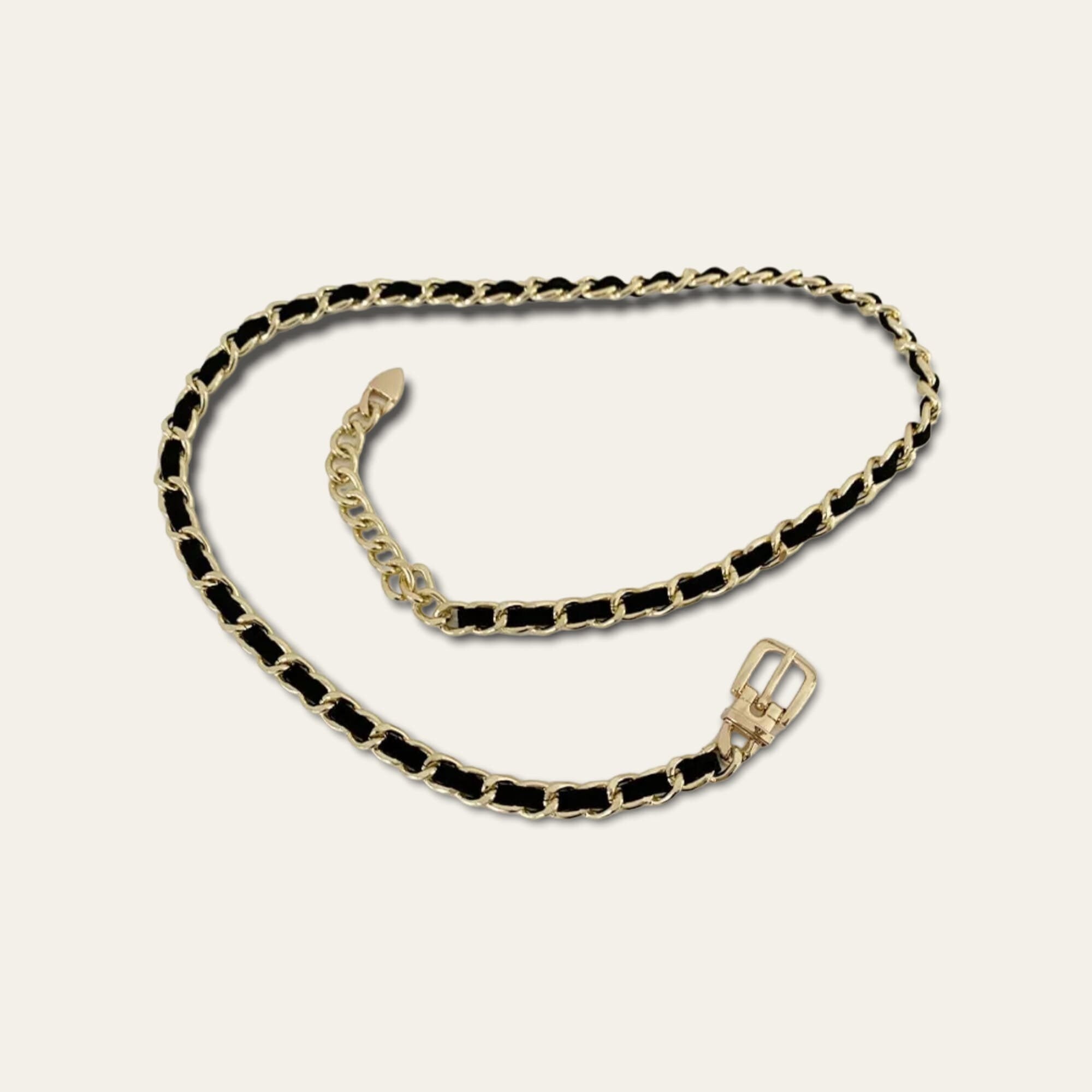 Gold Black Leather Adjustable Buckle Dress Belt