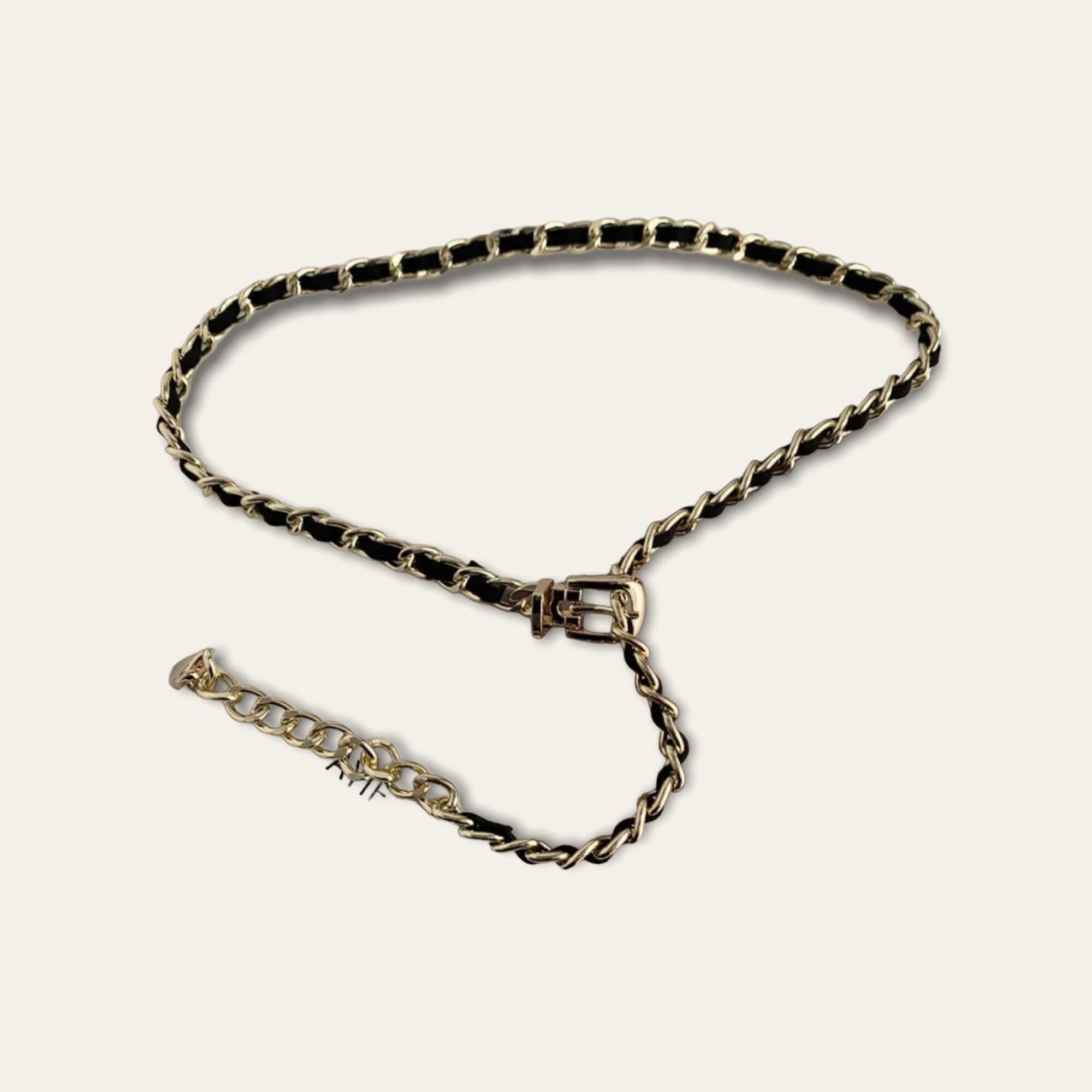 Gold Black Leather Adjustable Buckle Dress Belt