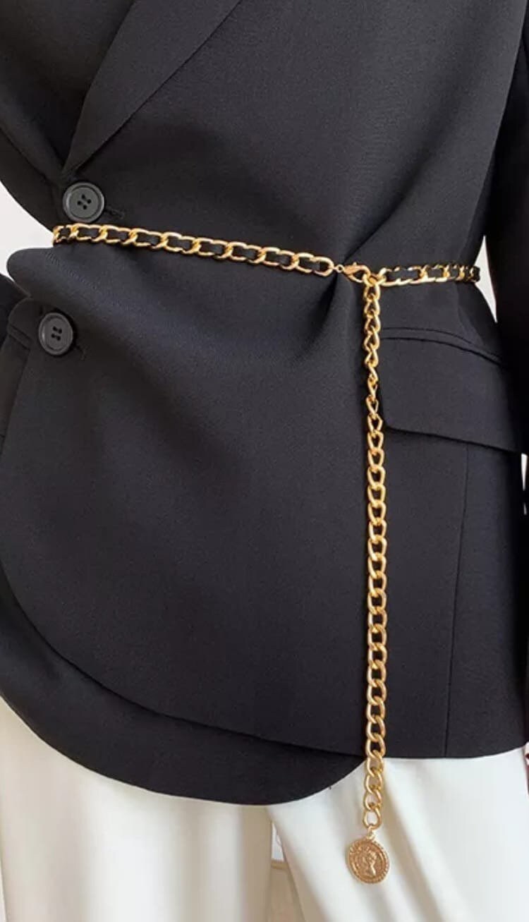 Gold Black Velvet Skinny Adjustable Dress Belt with Gold Coin Embellishment