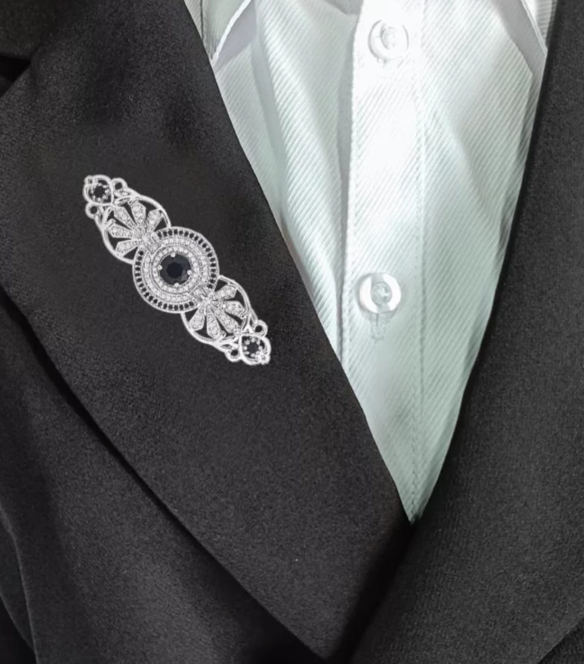 Silver Black Long Swarovski Crystal Coat Brooch Pin