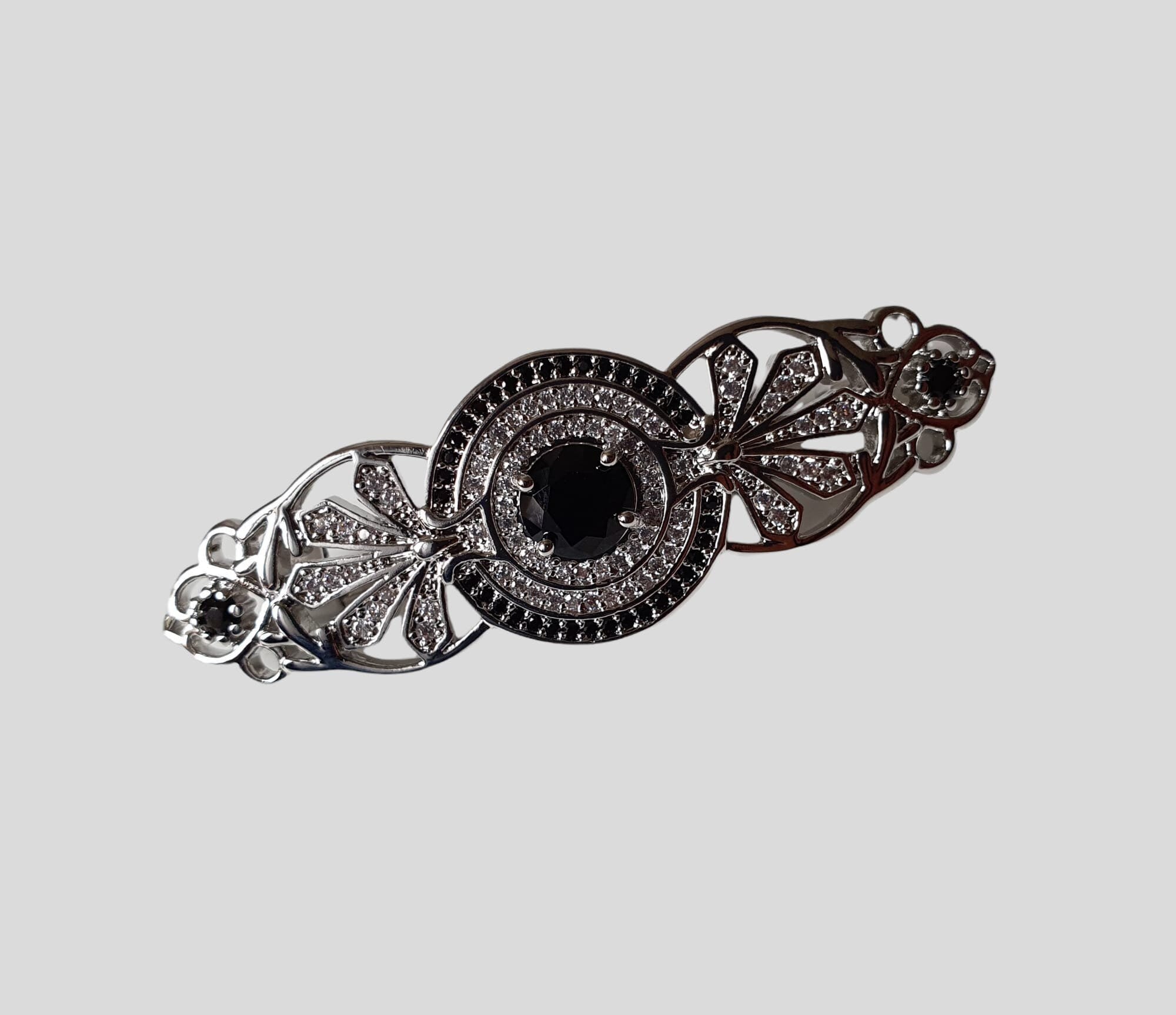 Silver Black Long Swarovski Crystal Coat Brooch Pin