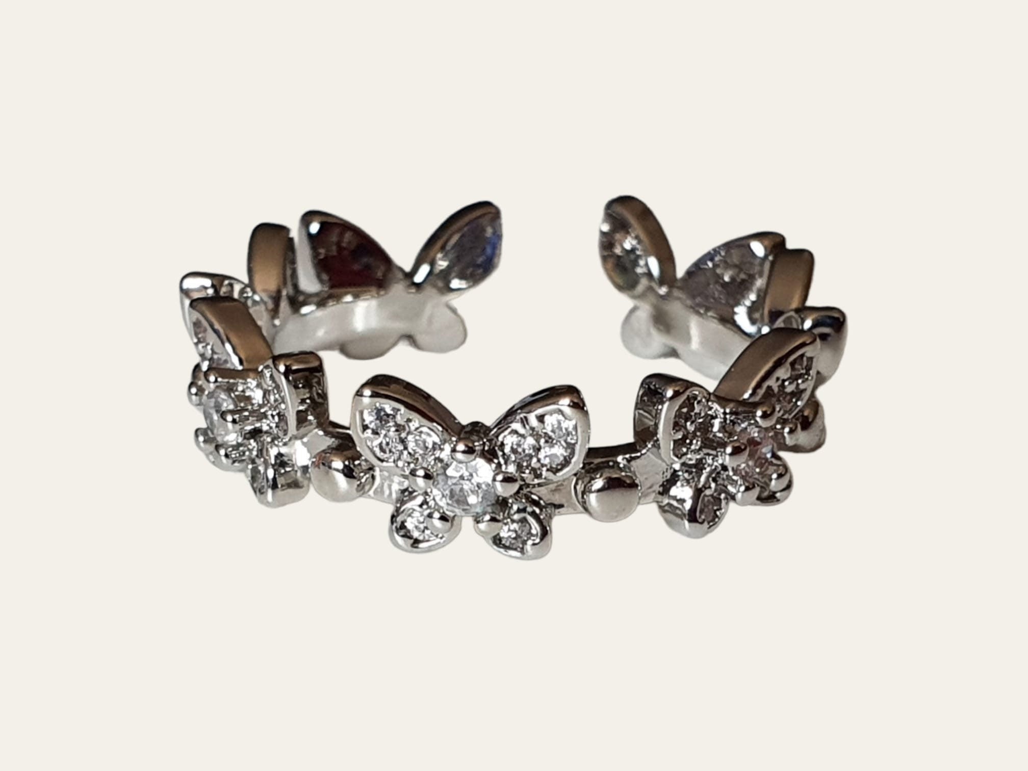 Silver Butterfly Swarovski Crystal Open Adjustable Ring