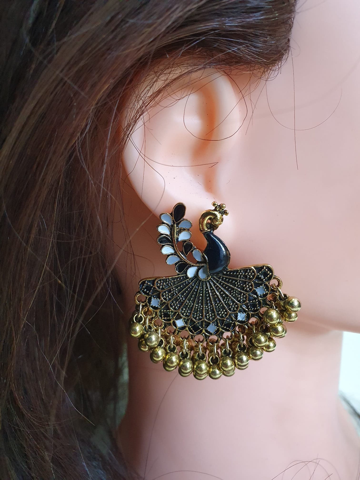 Gold Blue Peacock Large Chandelier Jhumki Jhumka Earrings