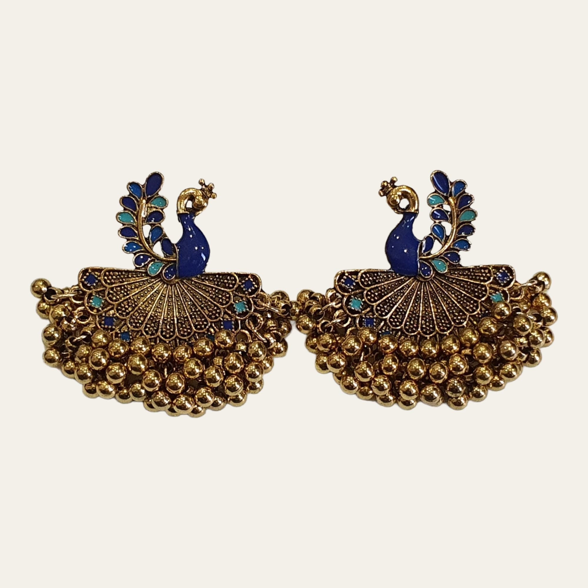 Gold Blue Peacock Large Chandelier Jhumki Jhumka Earrings