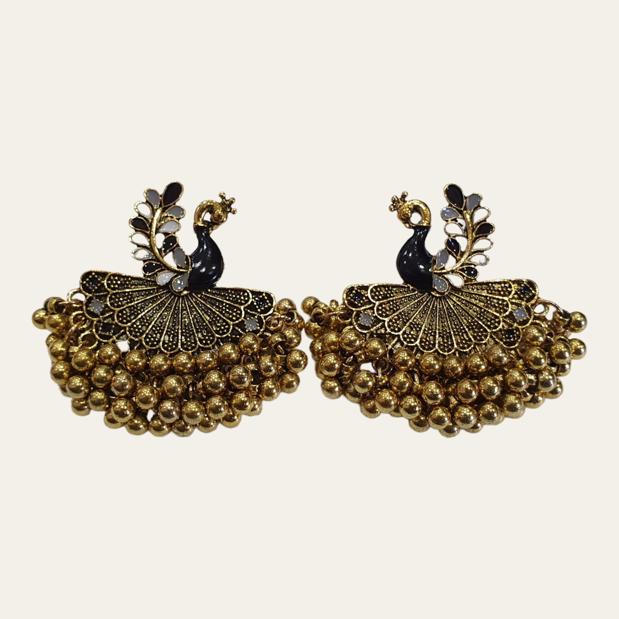 Gold Black Large Peacock Chandelier Jhumka Earrings