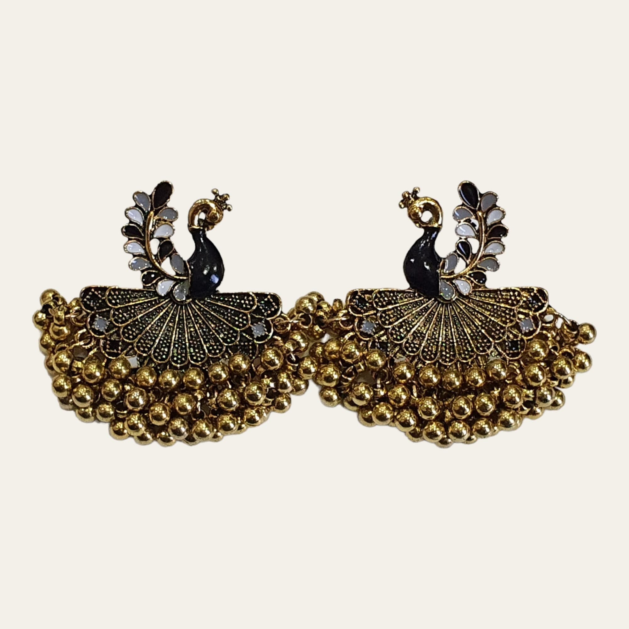 Gold Black Large Peacock Chandelier Jhumka Earrings