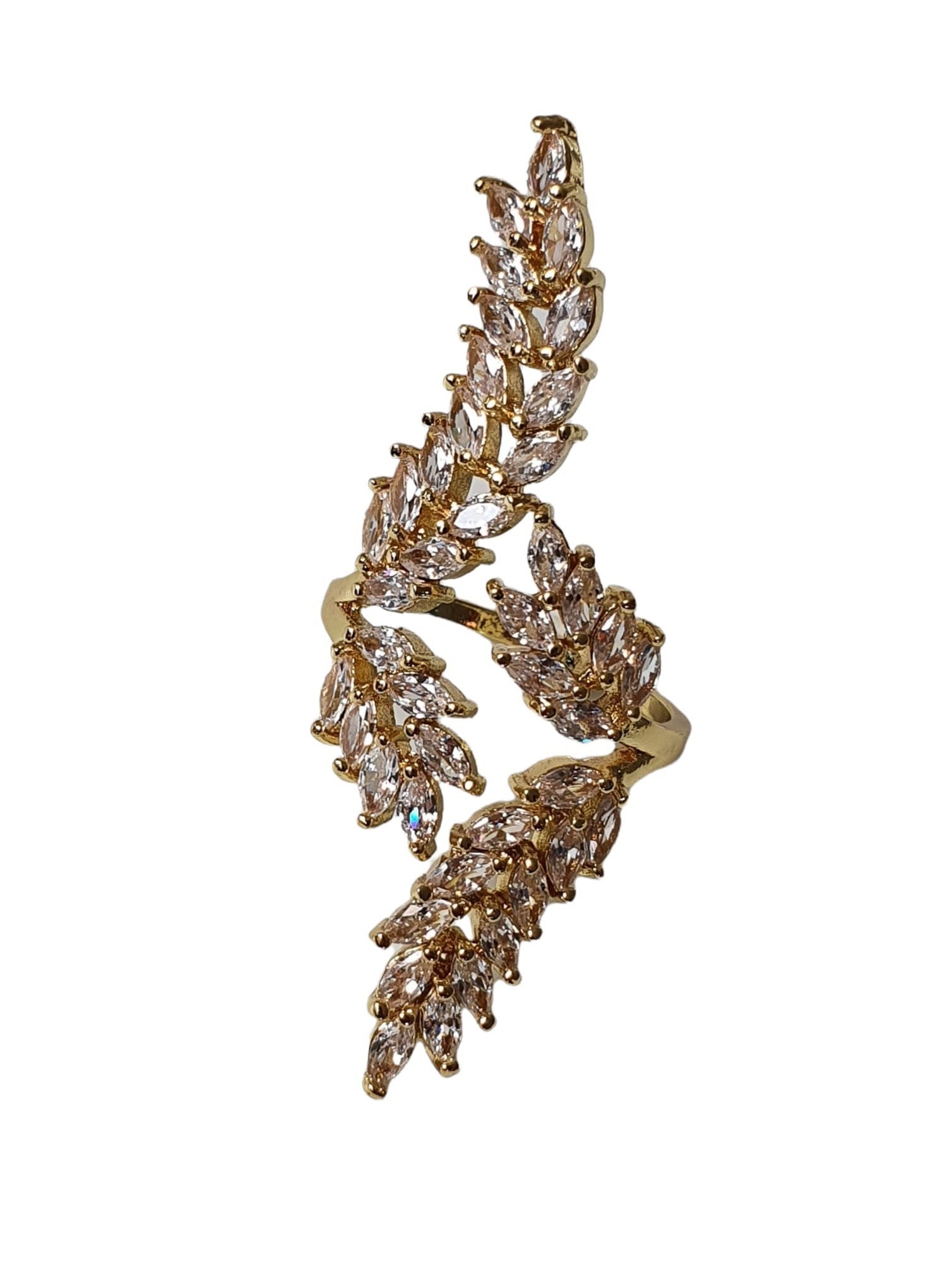 Gold Large Leaf Swarovski Crystal Adjustable Open Ring