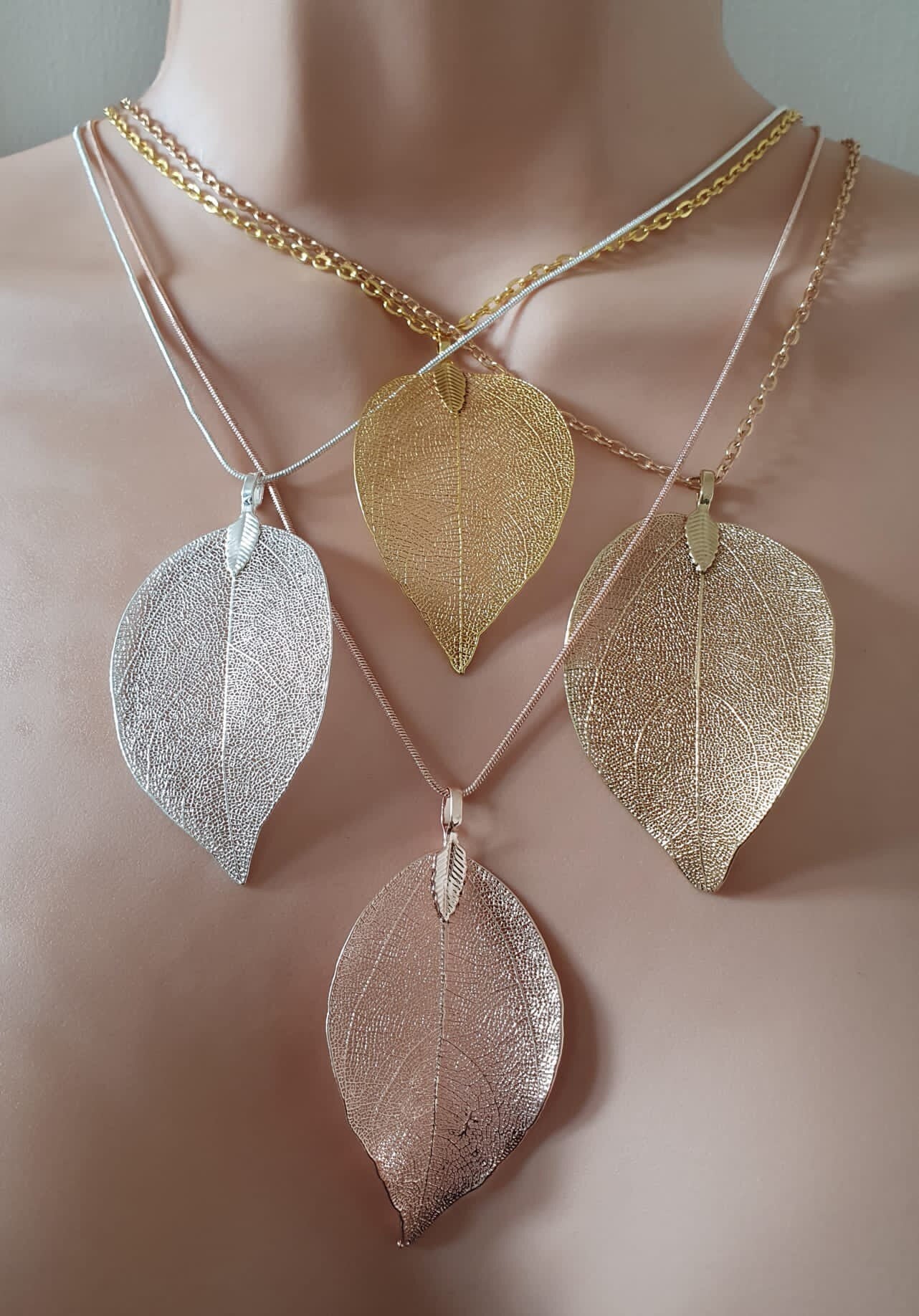 Dull Gold Long Skeleton Leaf Pendant and Necklace