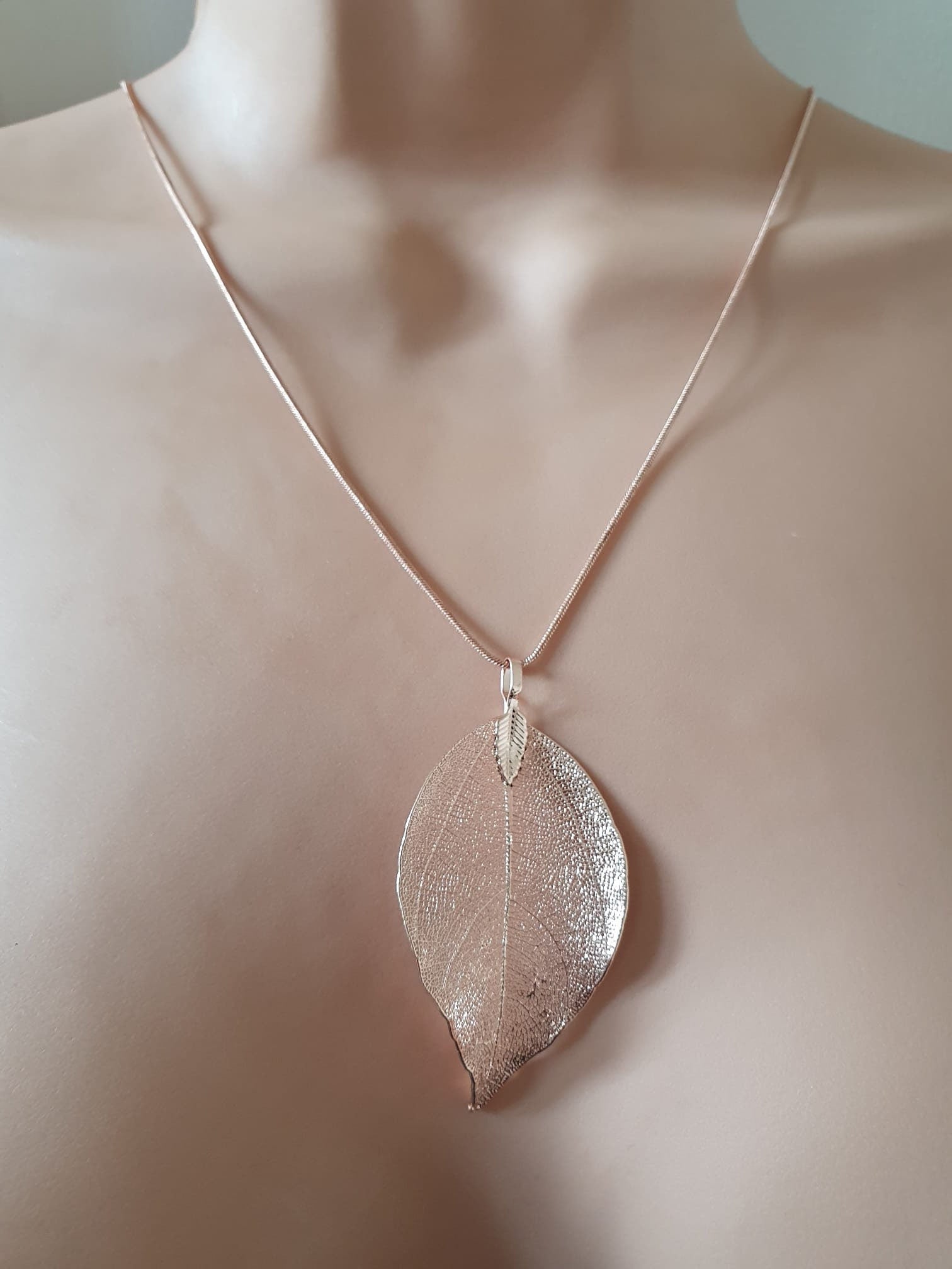 Rose Gold Long Real Dipped Leaf Skeleton Pendant and Necklace