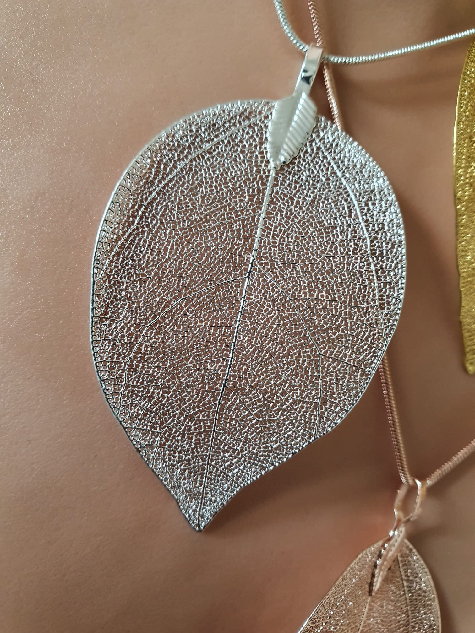 Dull Gold Long Skeleton Leaf Pendant and Necklace