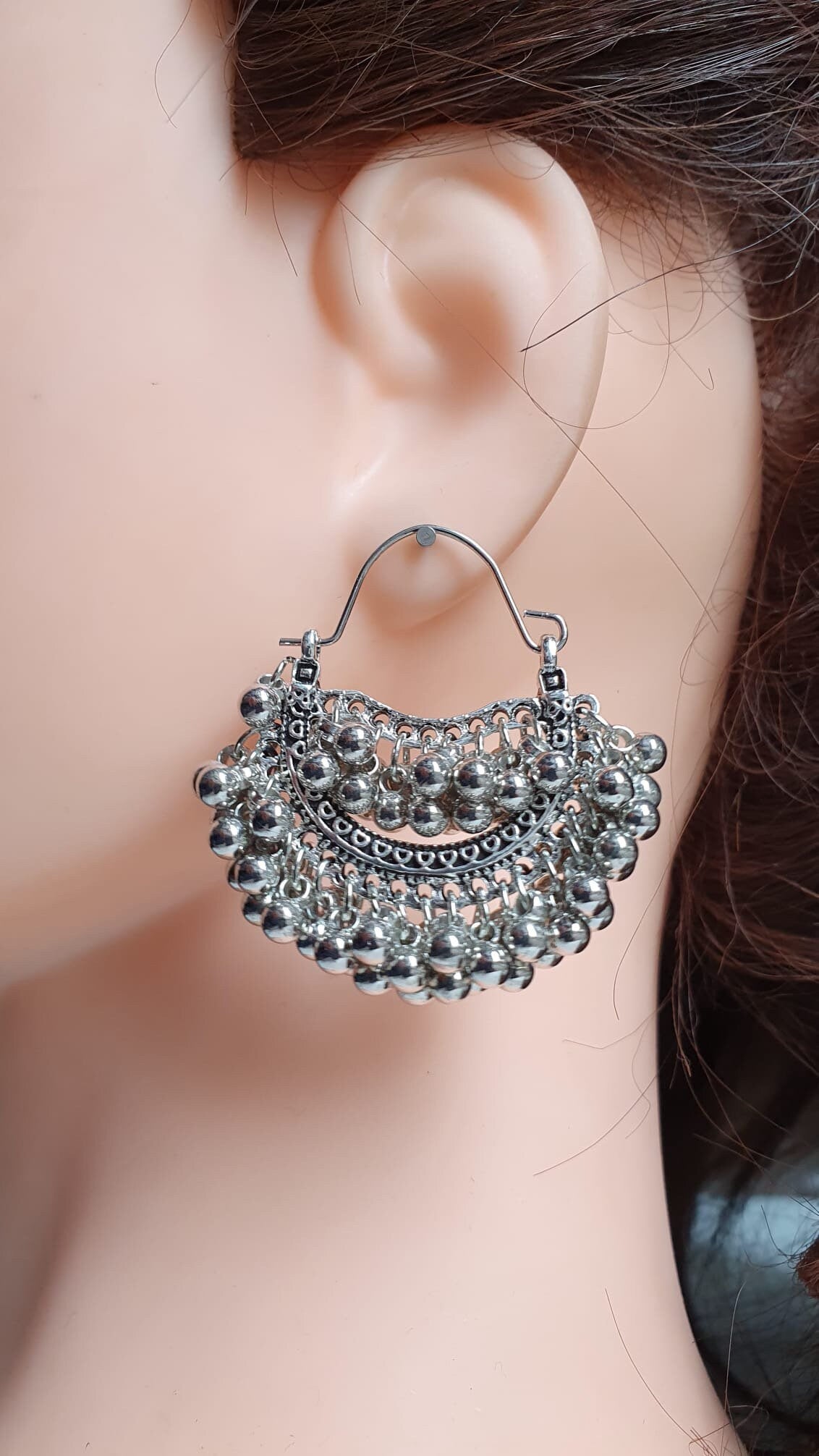 Silver Bohemian Indian Ball Silver Hoop Earrings