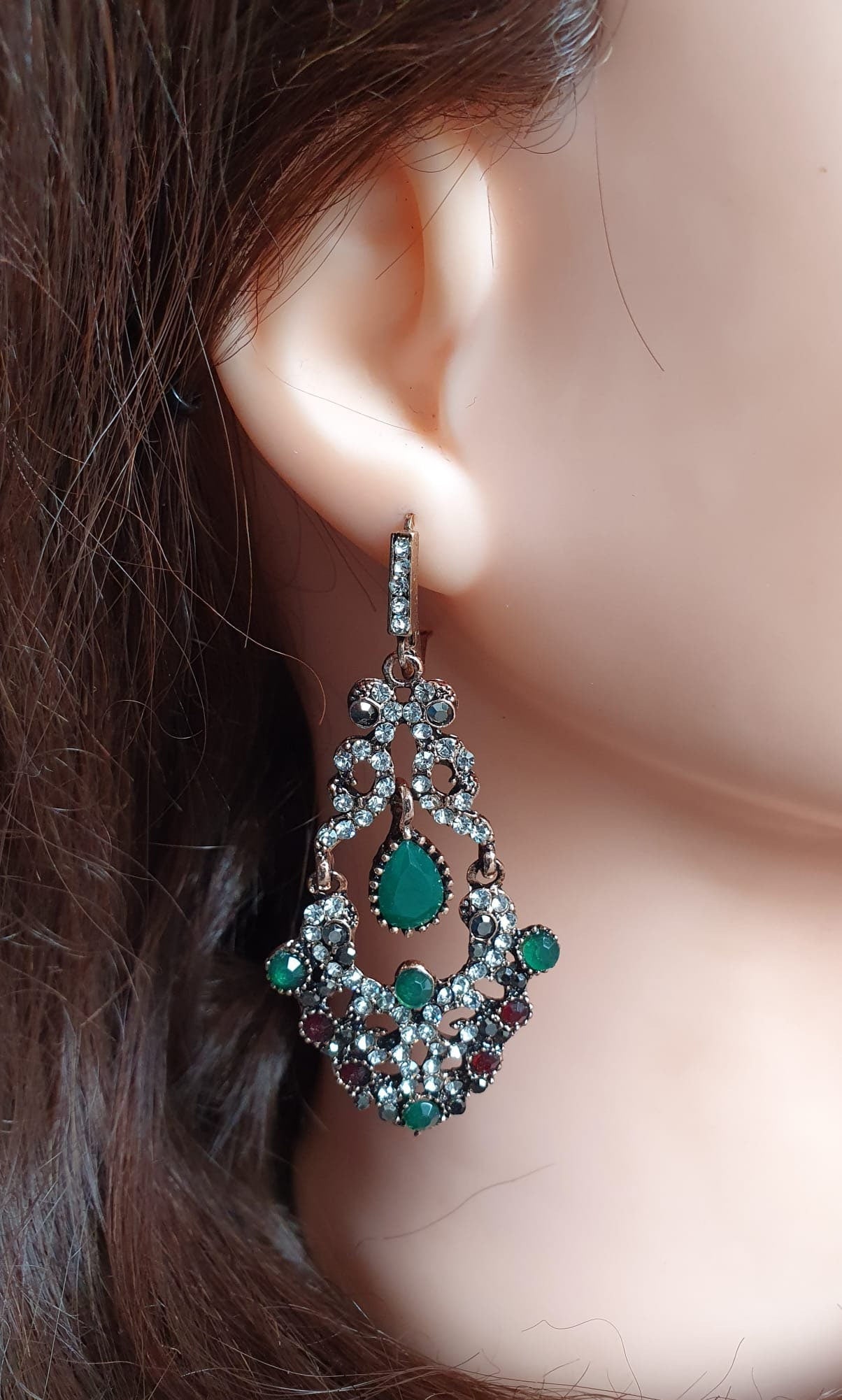 Gold Green Swarovski Crystal Dangle Chandelier Earrings